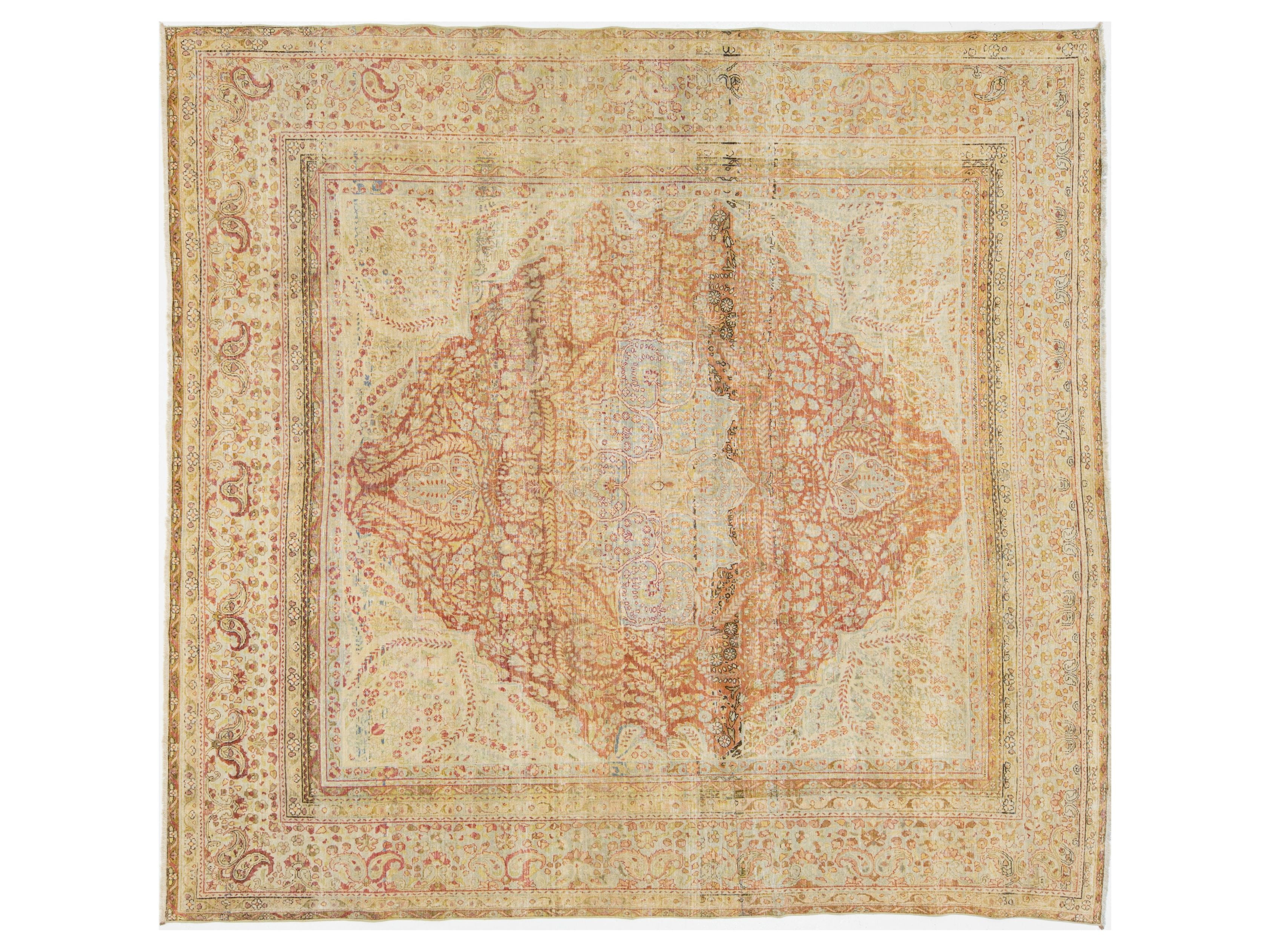 Antique Kerman Wool Rug 9 X 9
