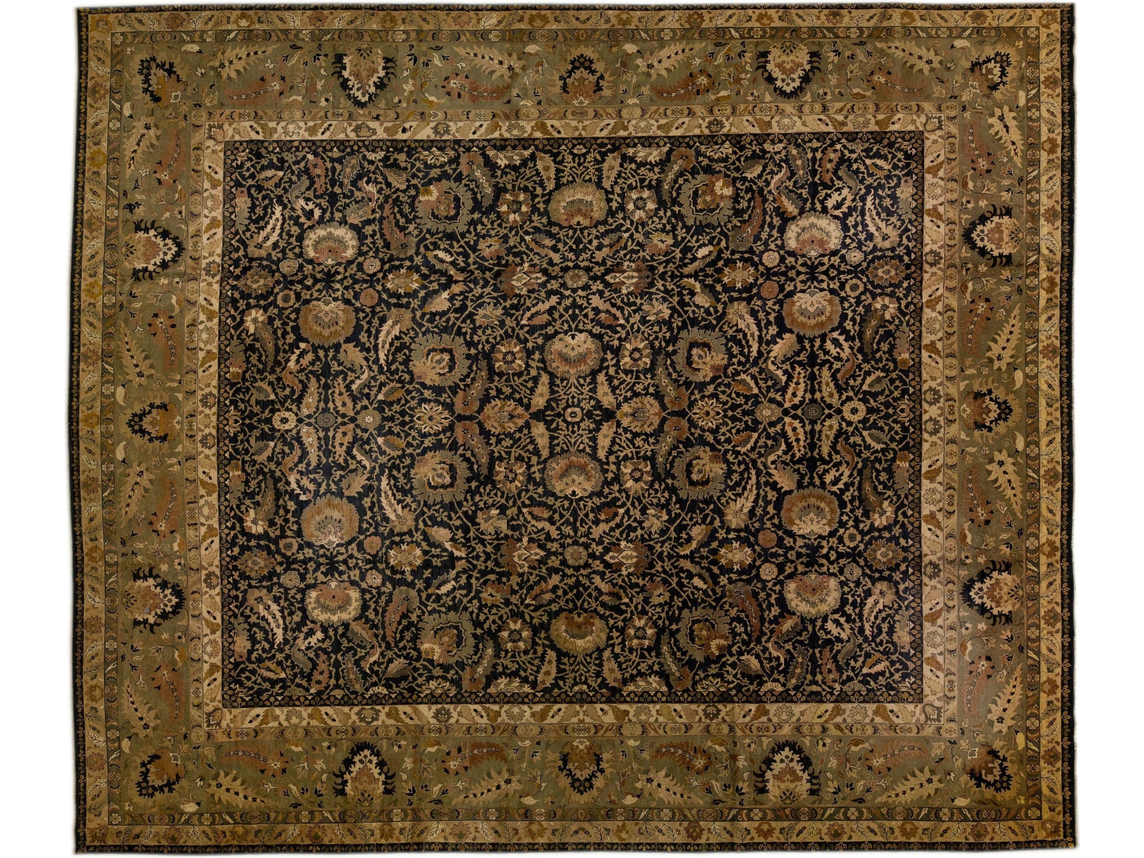 Modern Sultanabad Style Black & Green Wool Rug with Allover Floral Pattern