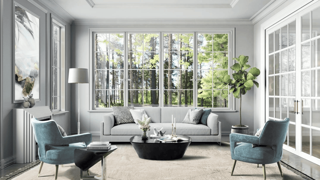 Living room area with multiple interior design elements