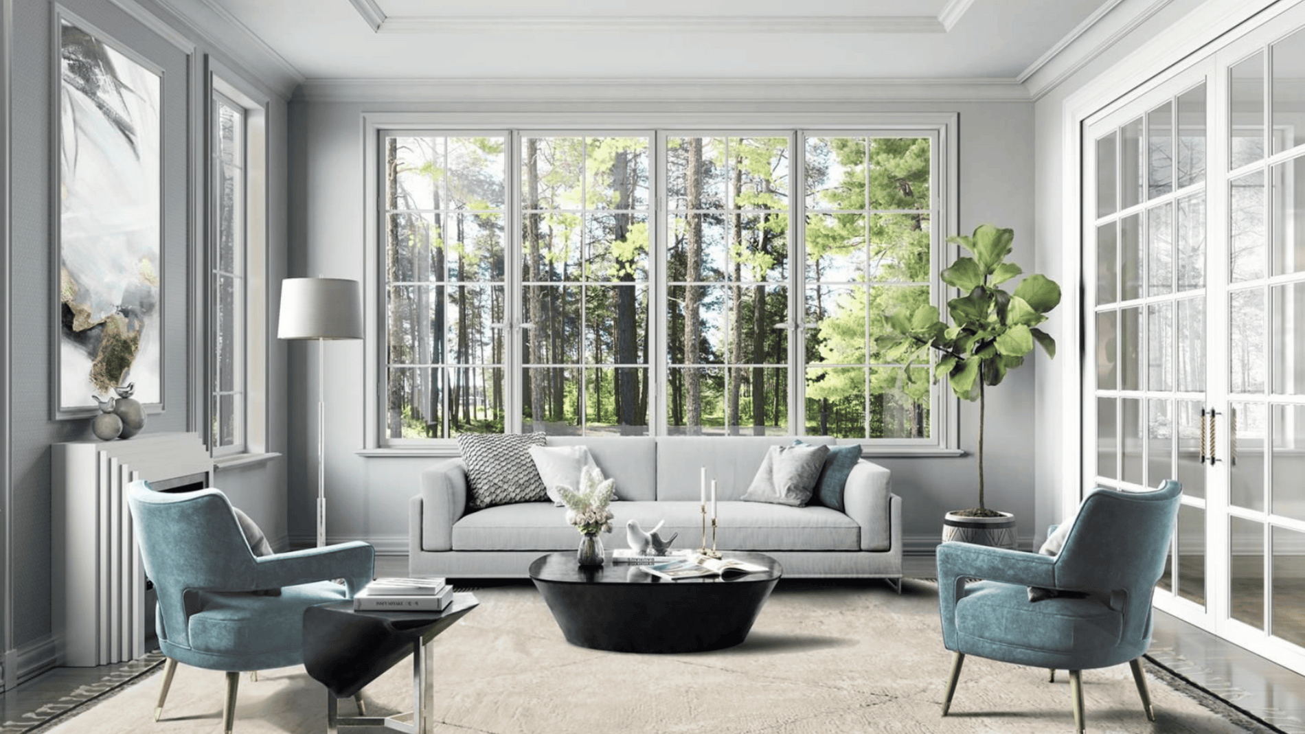 Living room area with multiple interior design elements
