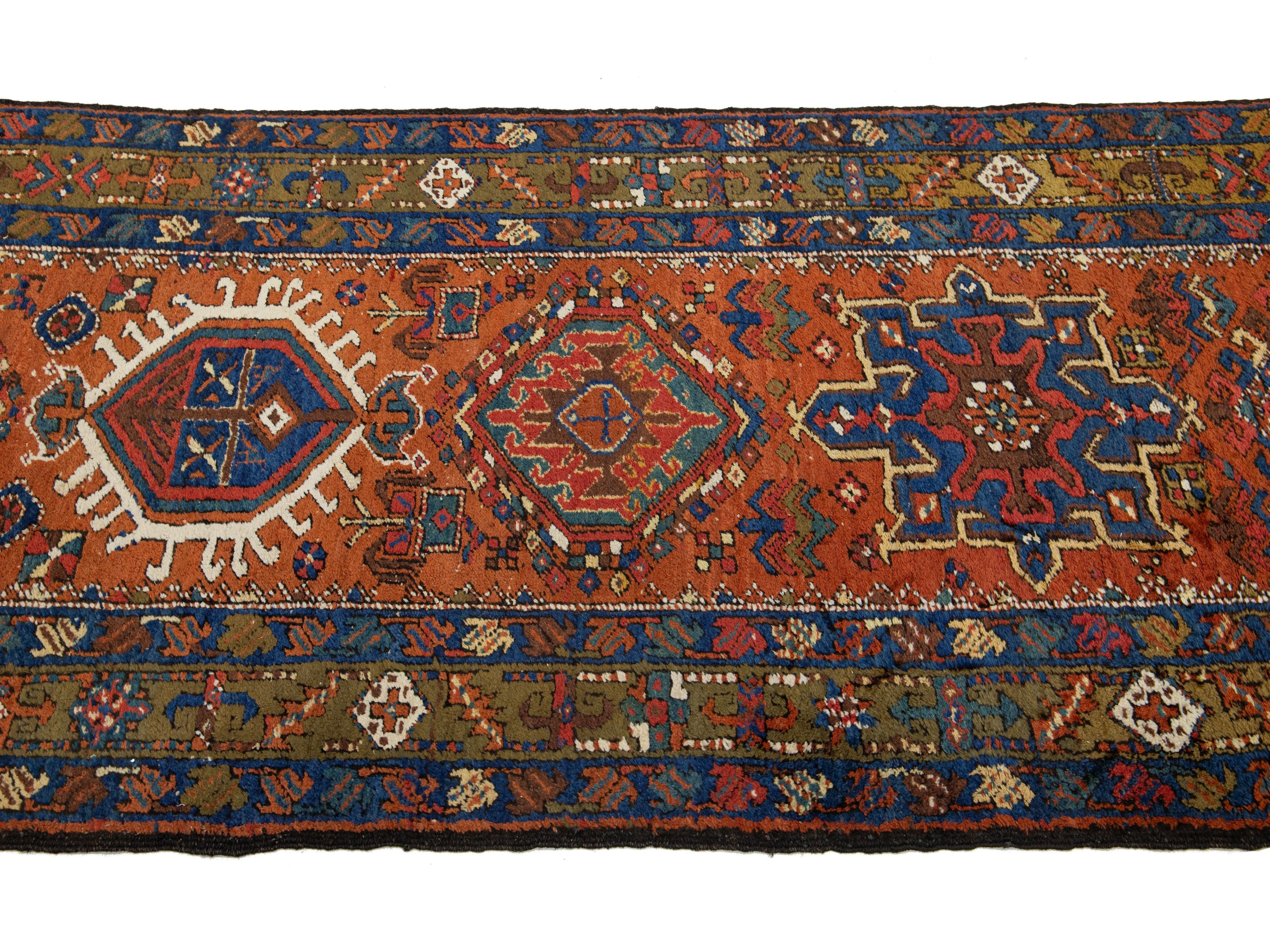 Antique Heriz Wool Runner Rug 3 X 15