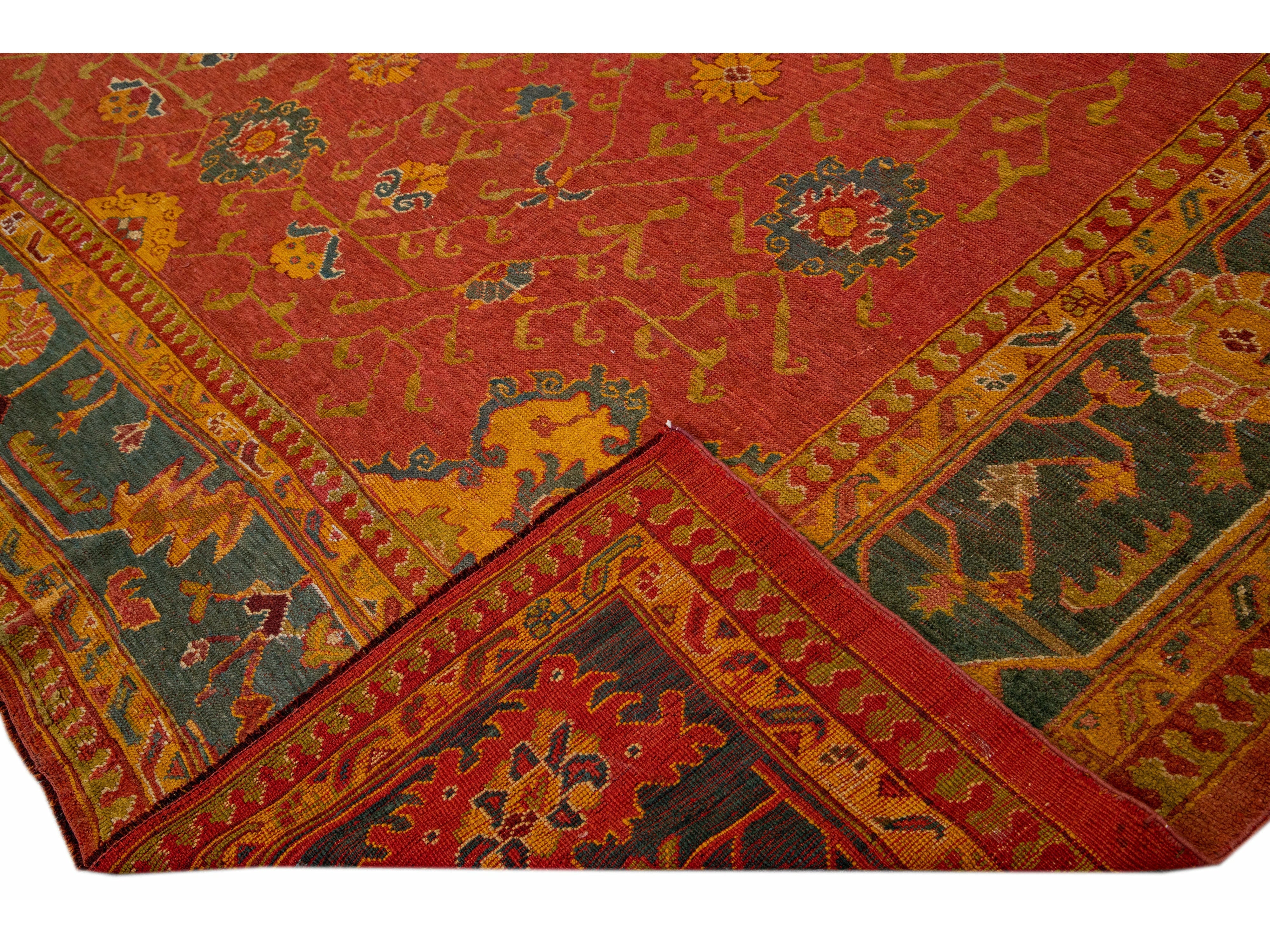 Red Antique Turkish Oushak Handmade Allover Designed Wool Rug