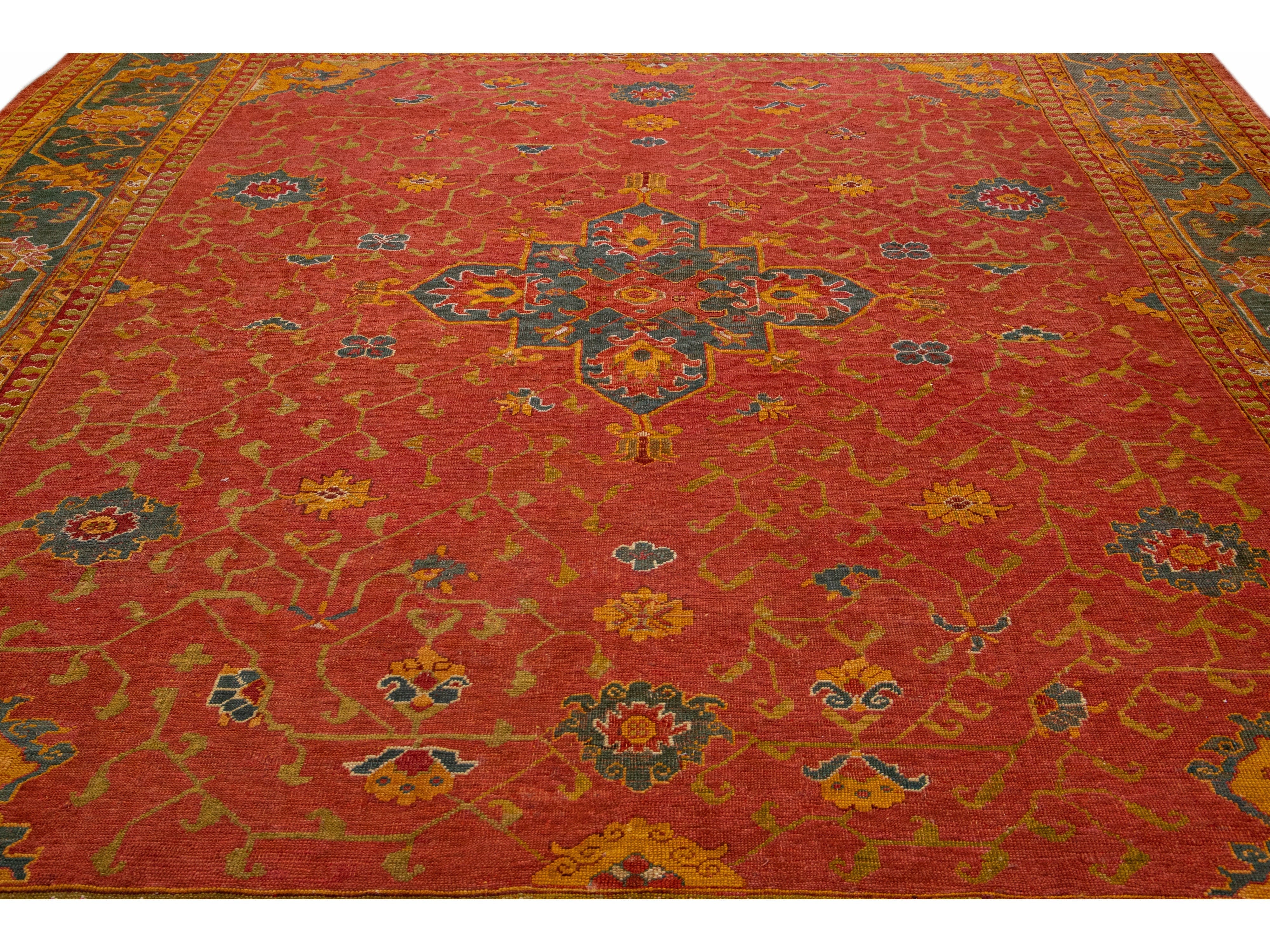 Red Antique Turkish Oushak Handmade Allover Designed Wool Rug