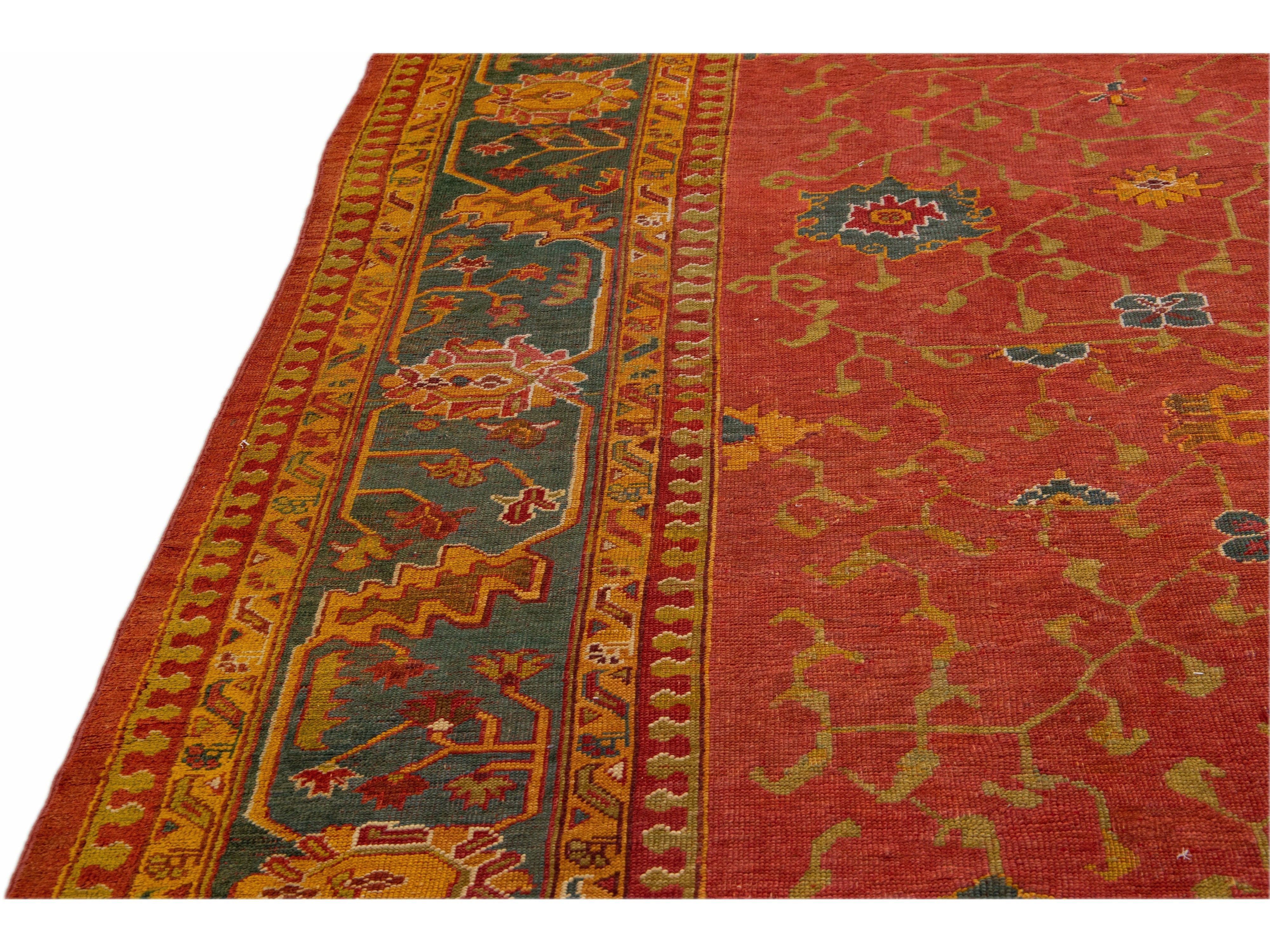 Red Antique Turkish Oushak Handmade Allover Designed Wool Rug