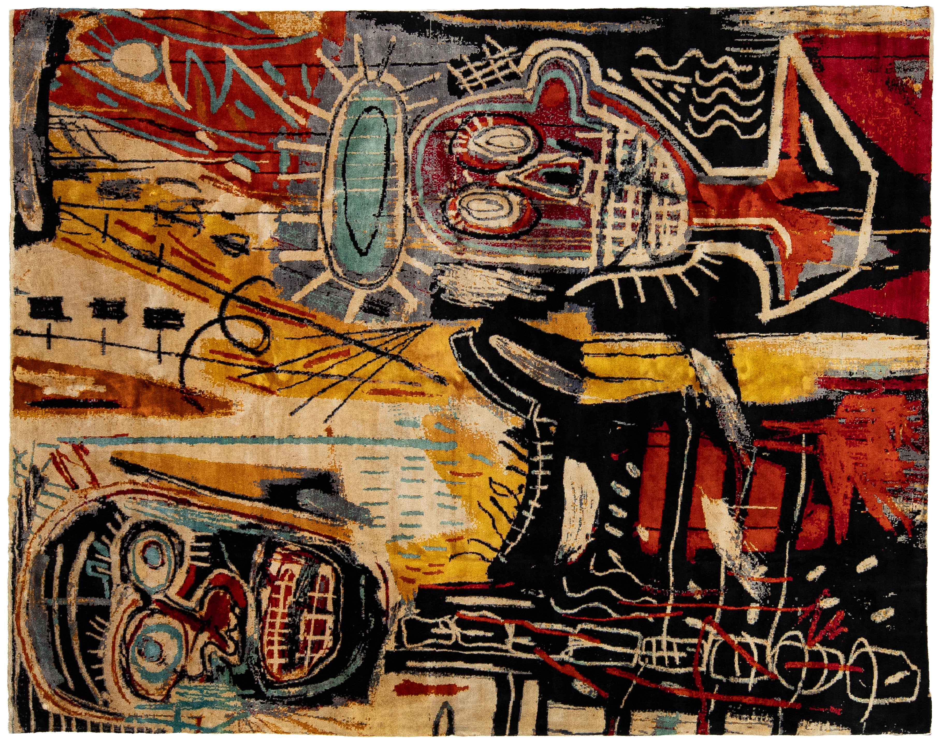 An abstract textile or rug featuring a collage-like composition with stylized faces, geometric shapes, and brushstroke textures in black, red, beige, yellow, blue, and white.