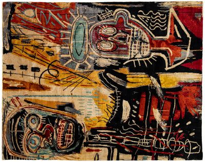 An abstract textile or rug featuring a collage-like composition with stylized faces, geometric shapes, and brushstroke textures in black, red, beige, yellow, blue, and white.