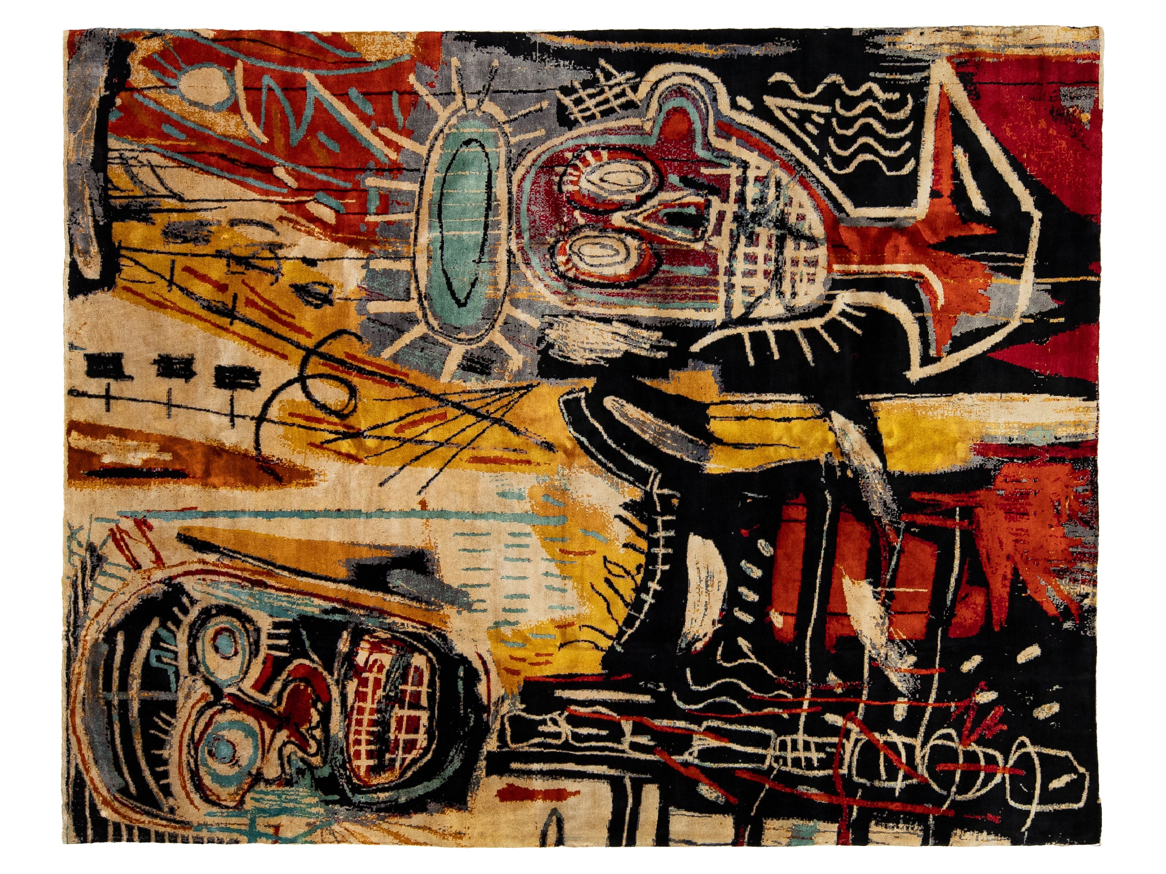 An abstract textile or rug featuring a collage-like composition with stylized faces, geometric shapes, and brushstroke textures in black, red, beige, yellow, blue, and white.