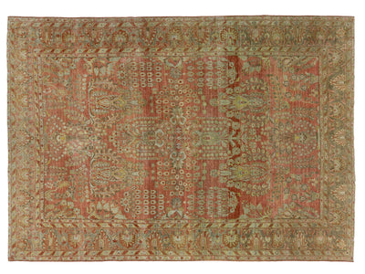 A rectangular malayer-style area rug with an intricate floral and medallion pattern in muted terracotta red, beige, and olive green tones.