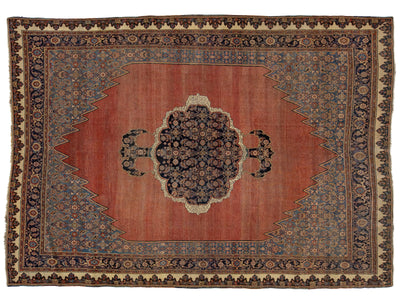 A traditional Persian-style area rug with a terracotta red field, a central floral medallion, and a blue and beige patterned border.