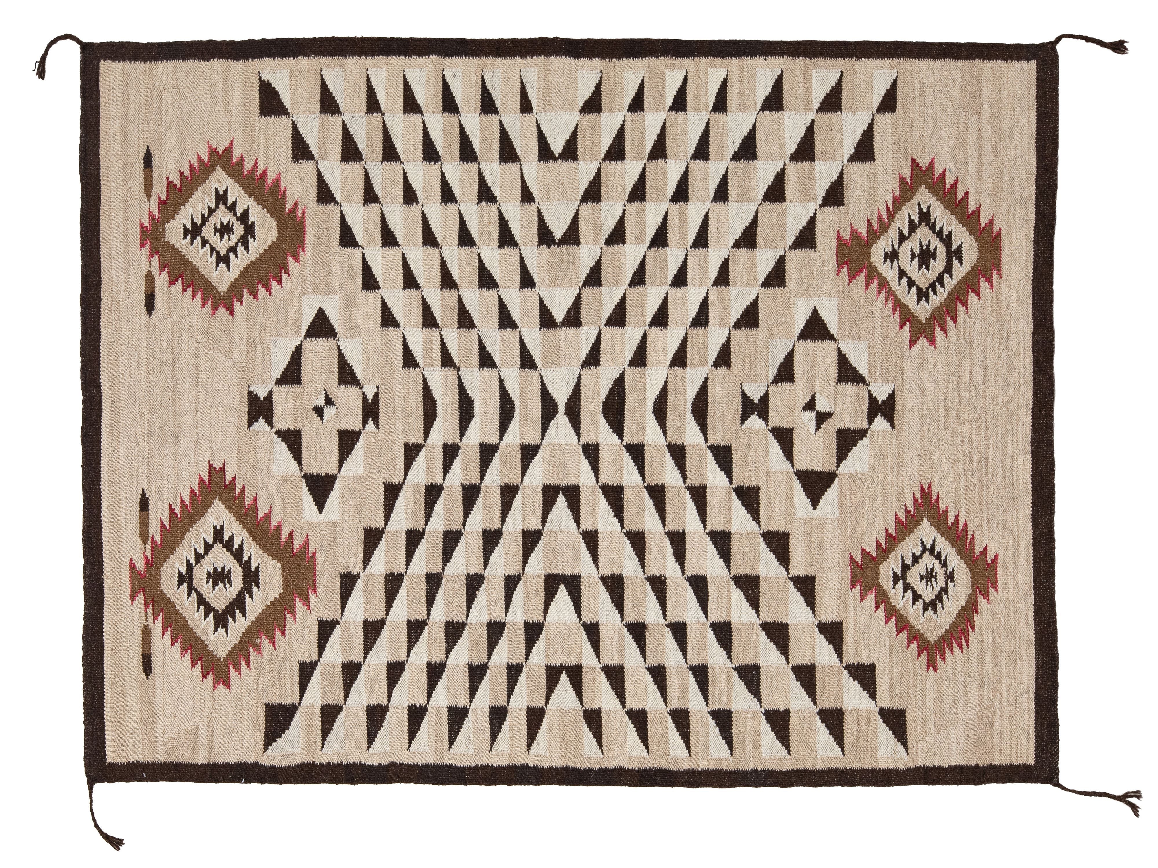 A rectangular woven rug with a geometric Southwestern pattern in beige, black, brown, and muted red, shown flat against a white background.