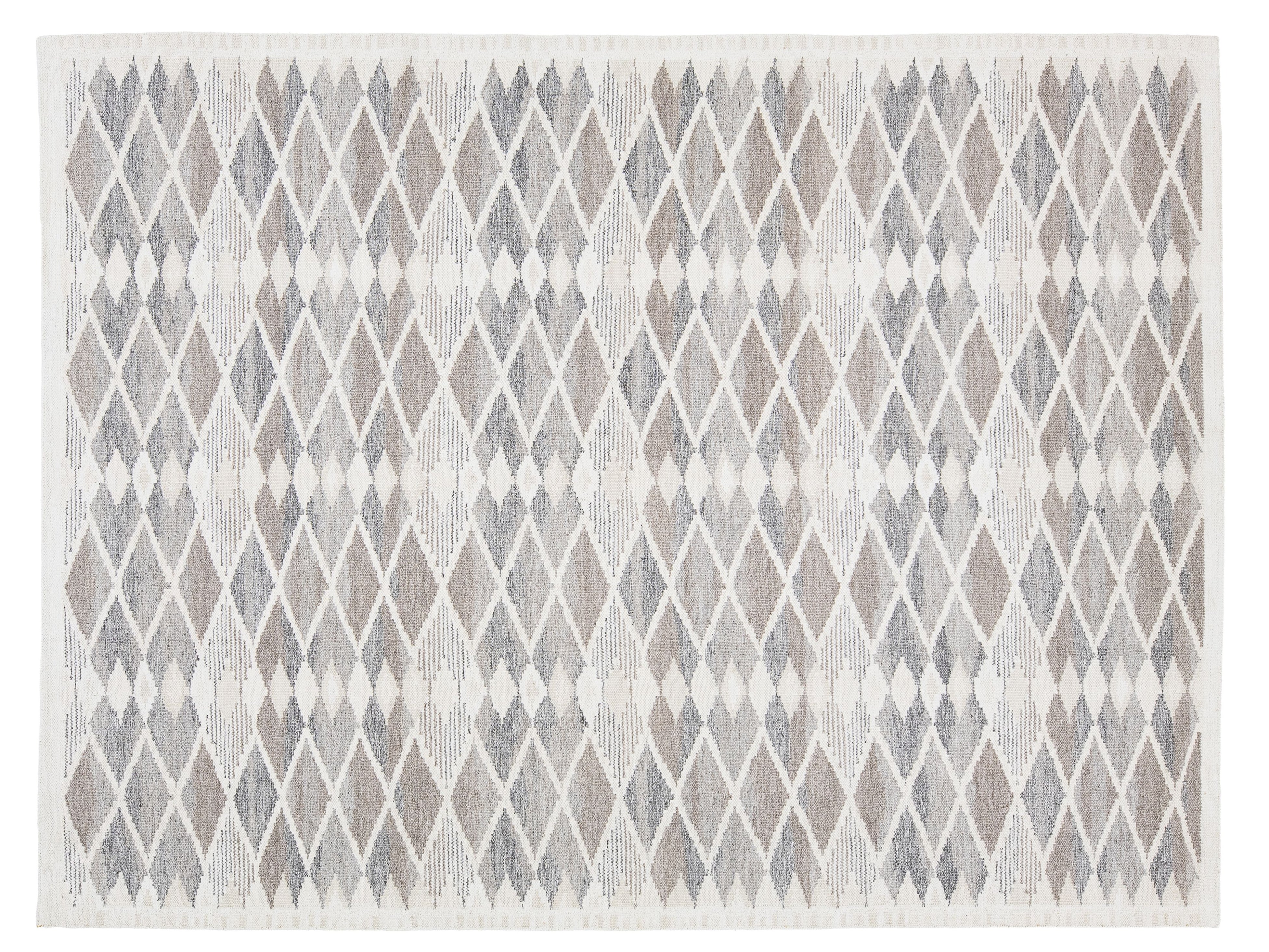 A rectangular area rug with a geometric diamond pattern in shades of taupe, gray, and off-white.