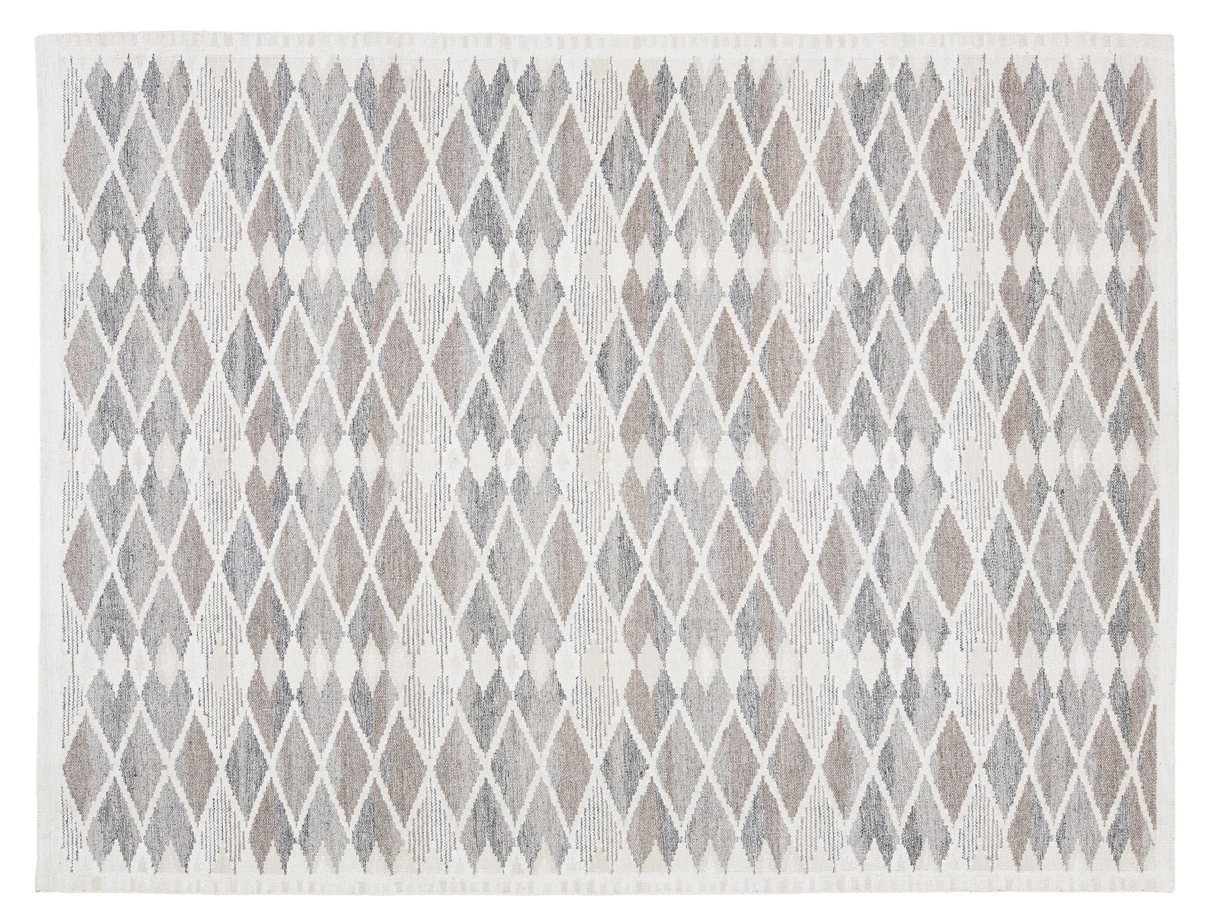 A rectangular area rug with a geometric diamond pattern in shades of taupe, gray, and off-white.