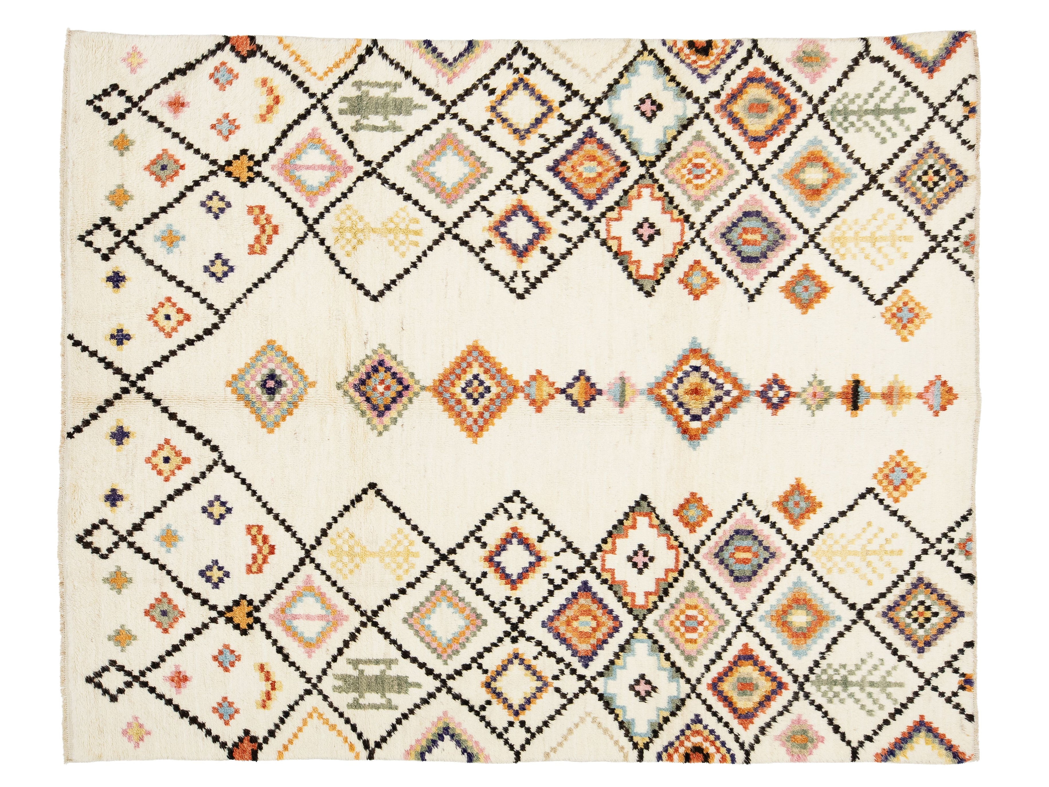 A rectangular woven rug with an intricate geometric diamond pattern in black, orange, beige, and muted blue.
