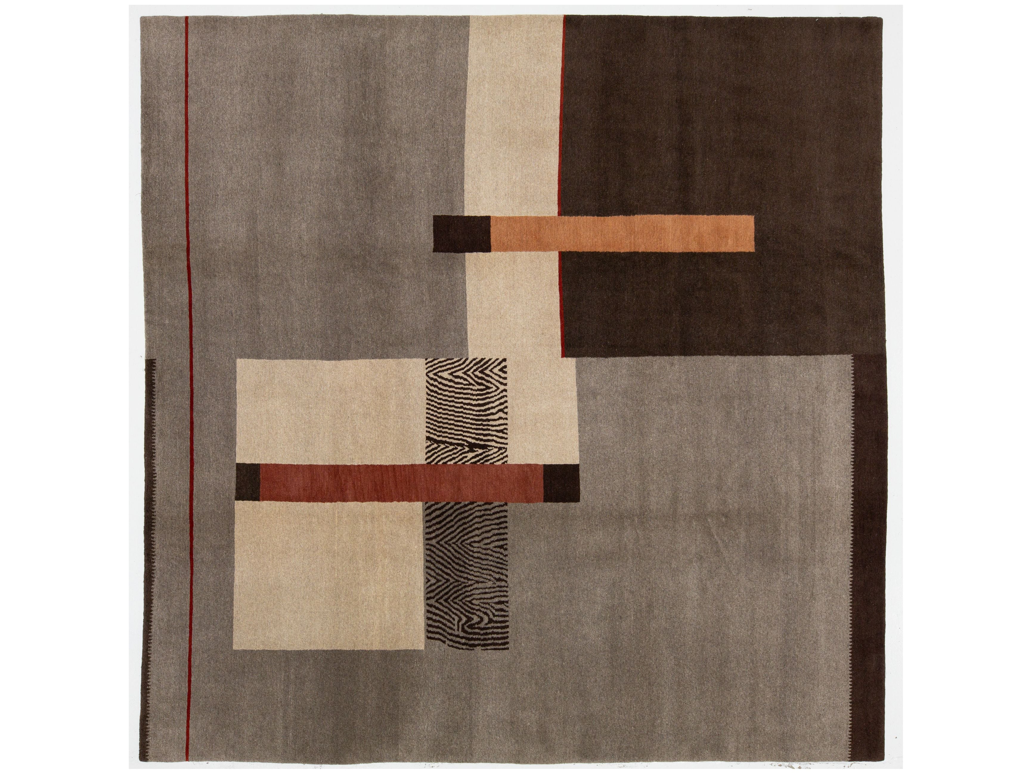 Modern Tibetan Wool and Silk Square Rug 10 X 10