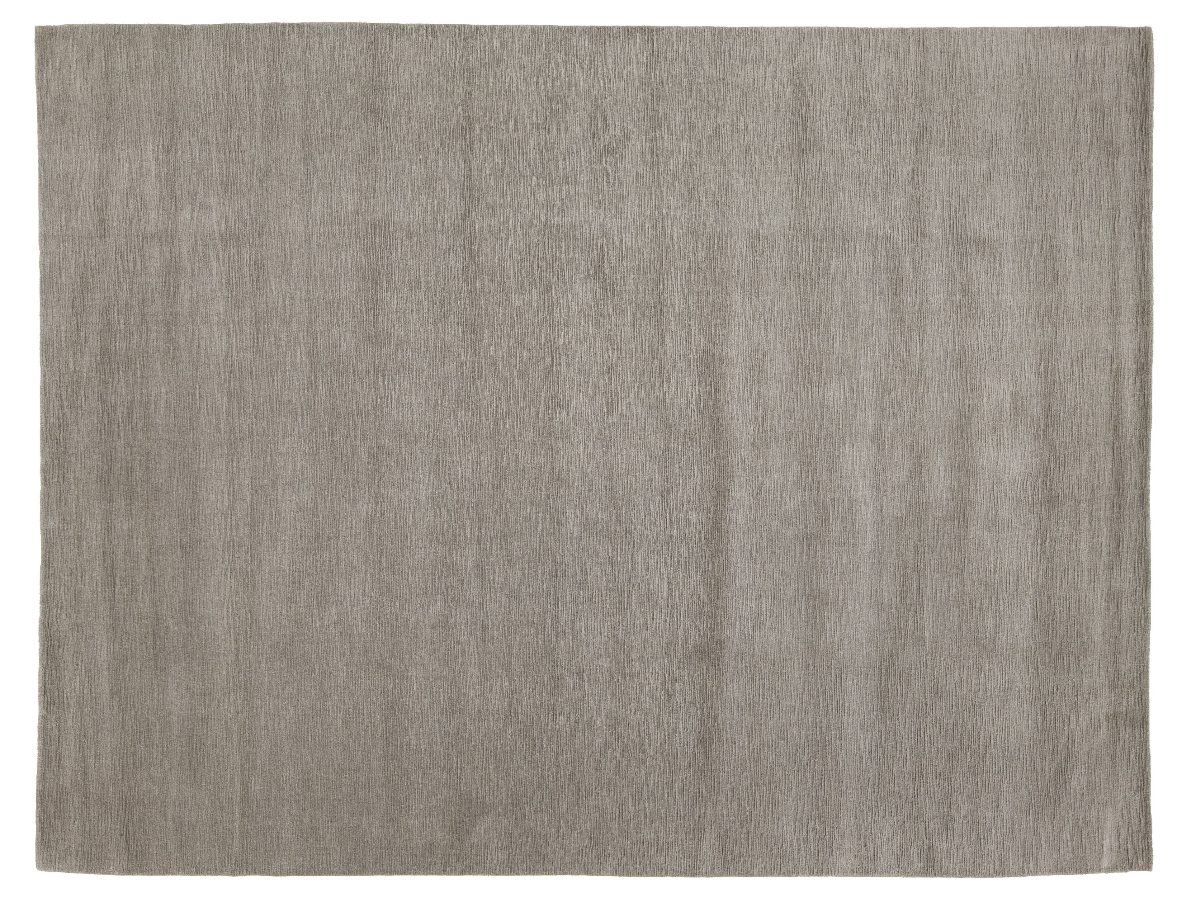 A rectangular area rug with a textured, woven surface in a warm taupe-gray color.