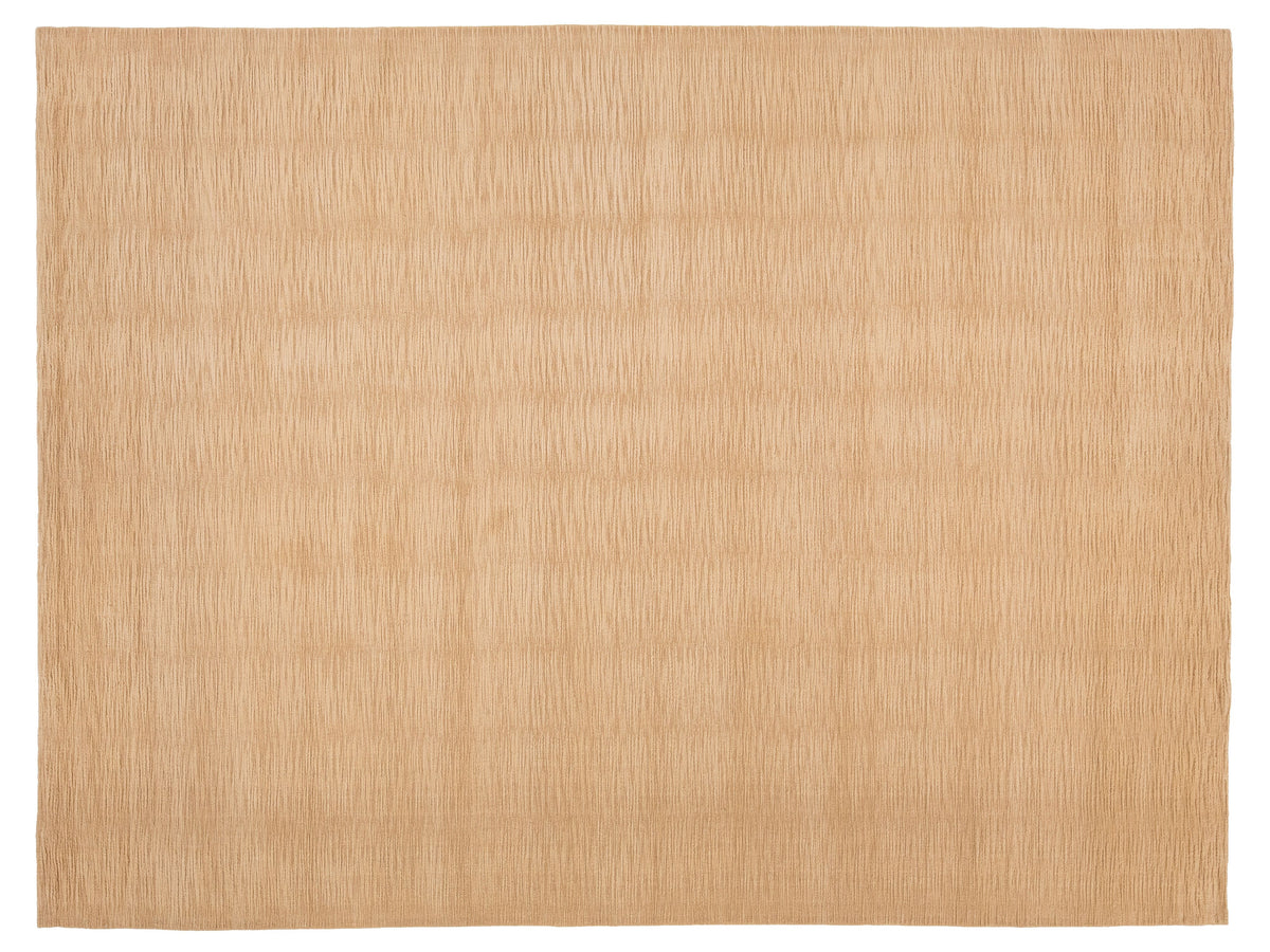 A rectangular beige woven rug with a subtle vertical textured pattern.