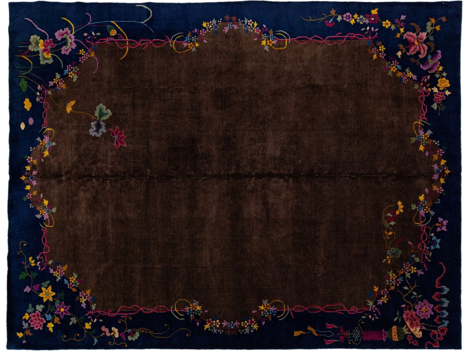 Antique Brown Chinese Art Deco Wool Rug 9 X 12