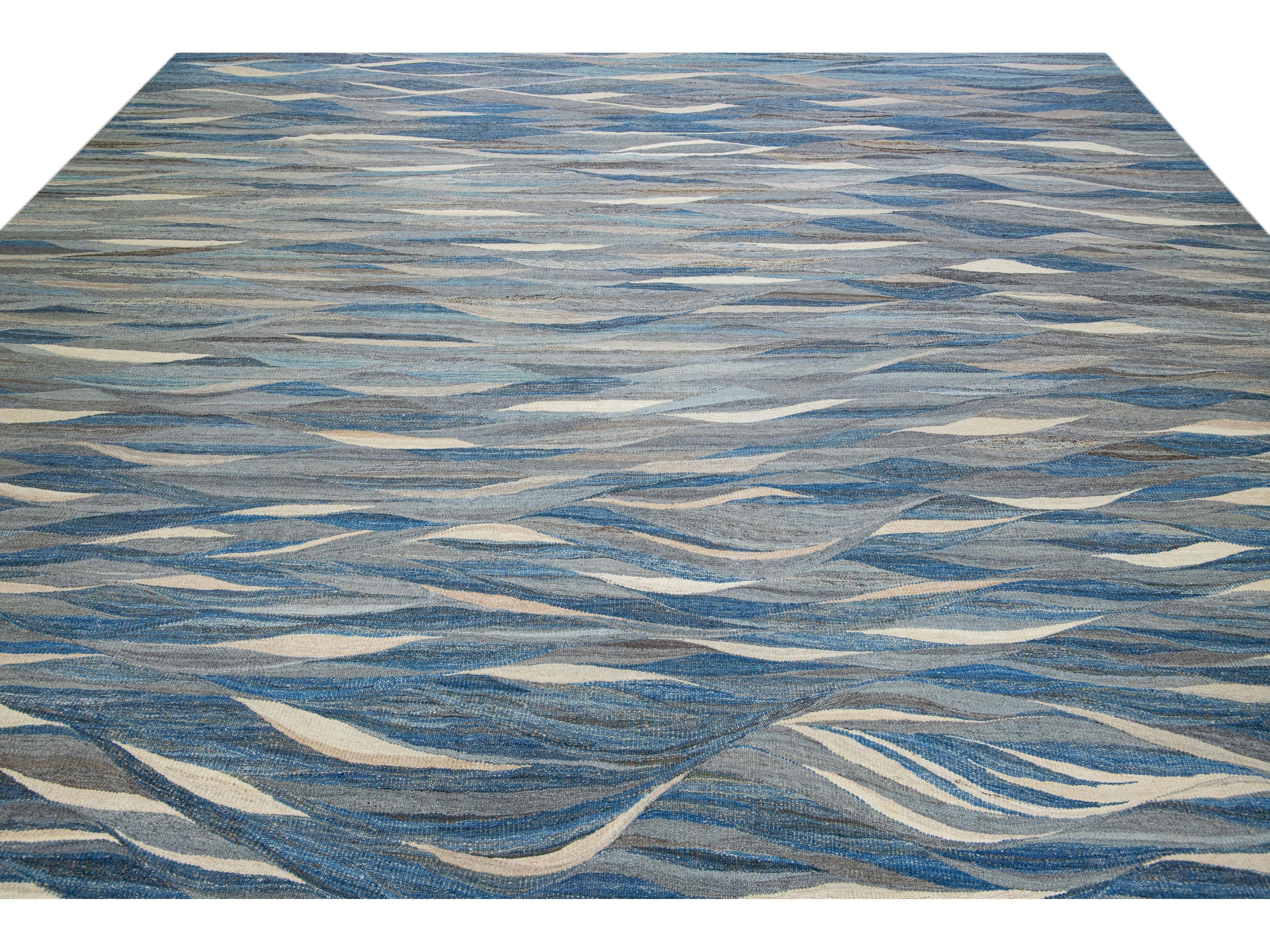 Modern Kilim Flatweave Wool Rug 12 X 15