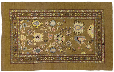 A rectangular vintage Persian rug with a warm brown field, intricate floral motifs, and a decorative border, shown flat against a white background.