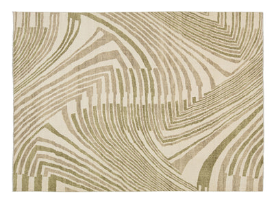 A square area rug featuring an abstract, organic wavy pattern in muted sage green and beige tones.