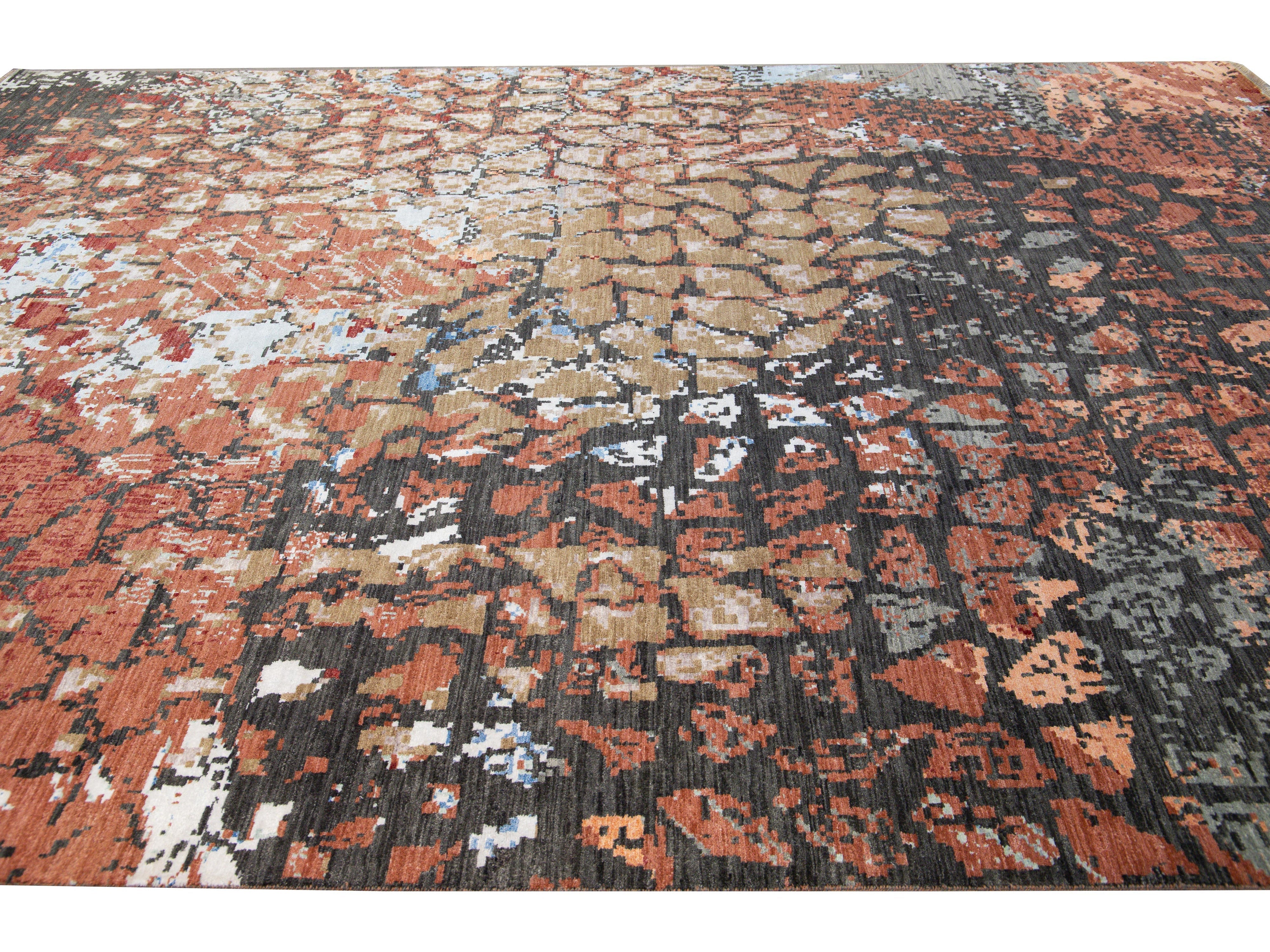 Modern Orange and Gray Handmade Geometric Abstract Wool and Silk Rug
