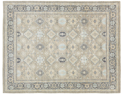 A traditional oriental-style area rug with a beige base, featuring a detailed border and central medallion pattern in muted blue, gray, and cream tones.