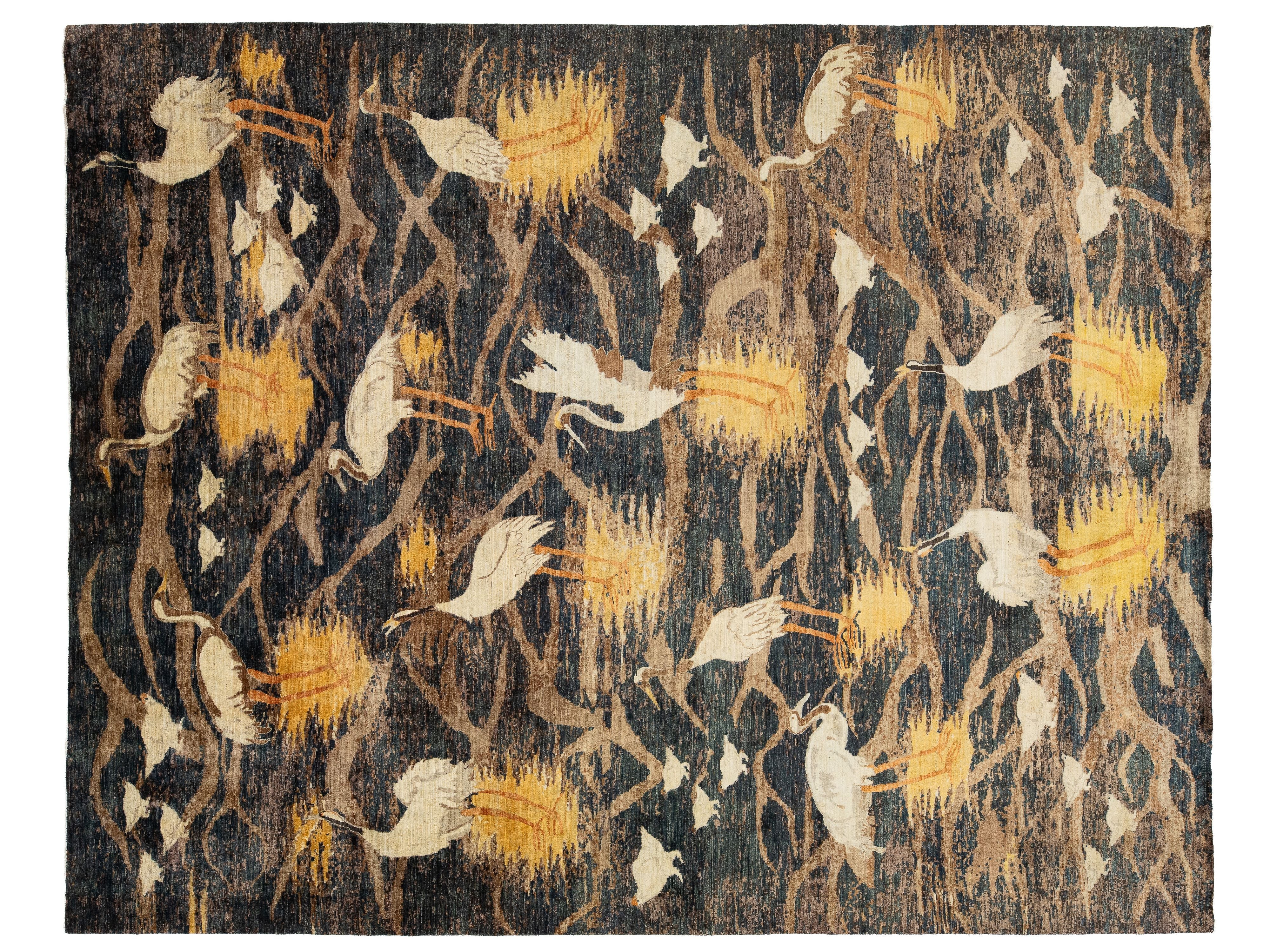 Modern Wildlife Pictorial Wool Rug 10 X 14