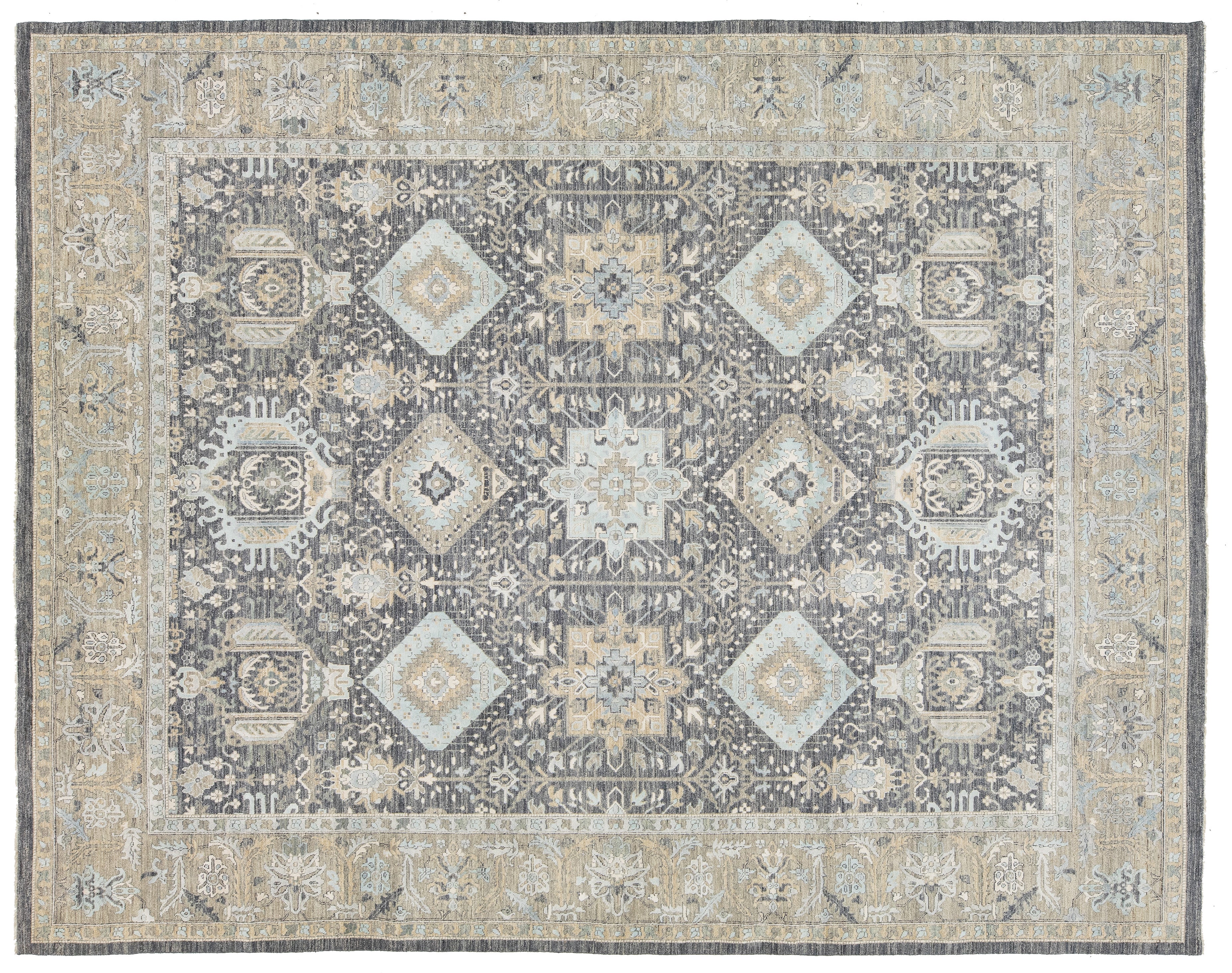 A rectangular area rug with a traditional medallion pattern in muted gray, beige, and light blue tones, shown flat against a white background.