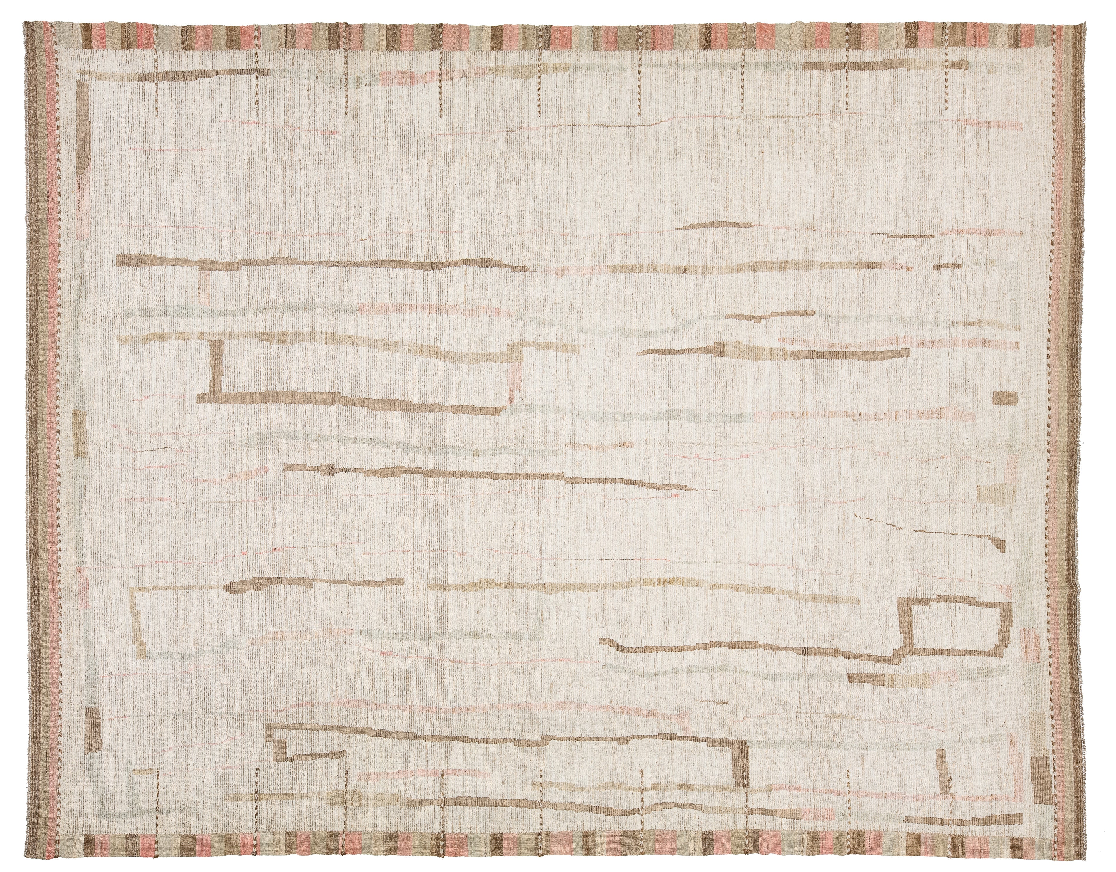 An abstract area rug with a textured cream and beige base, featuring vertical taupe lines and a striped border in muted terracotta and brown tones.