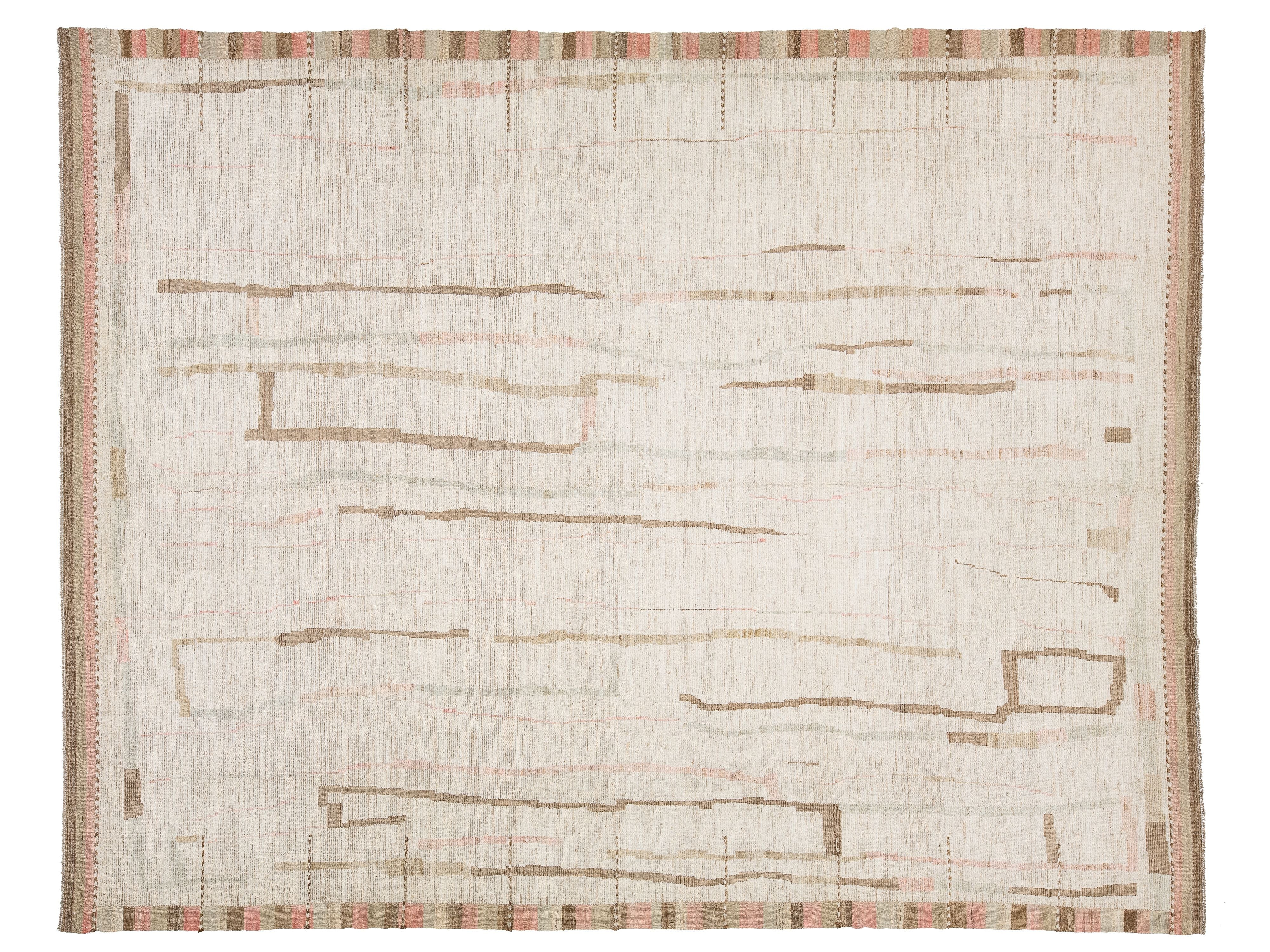 An abstract area rug with a textured cream and beige base, featuring vertical taupe lines and a striped border in muted terracotta and brown tones.