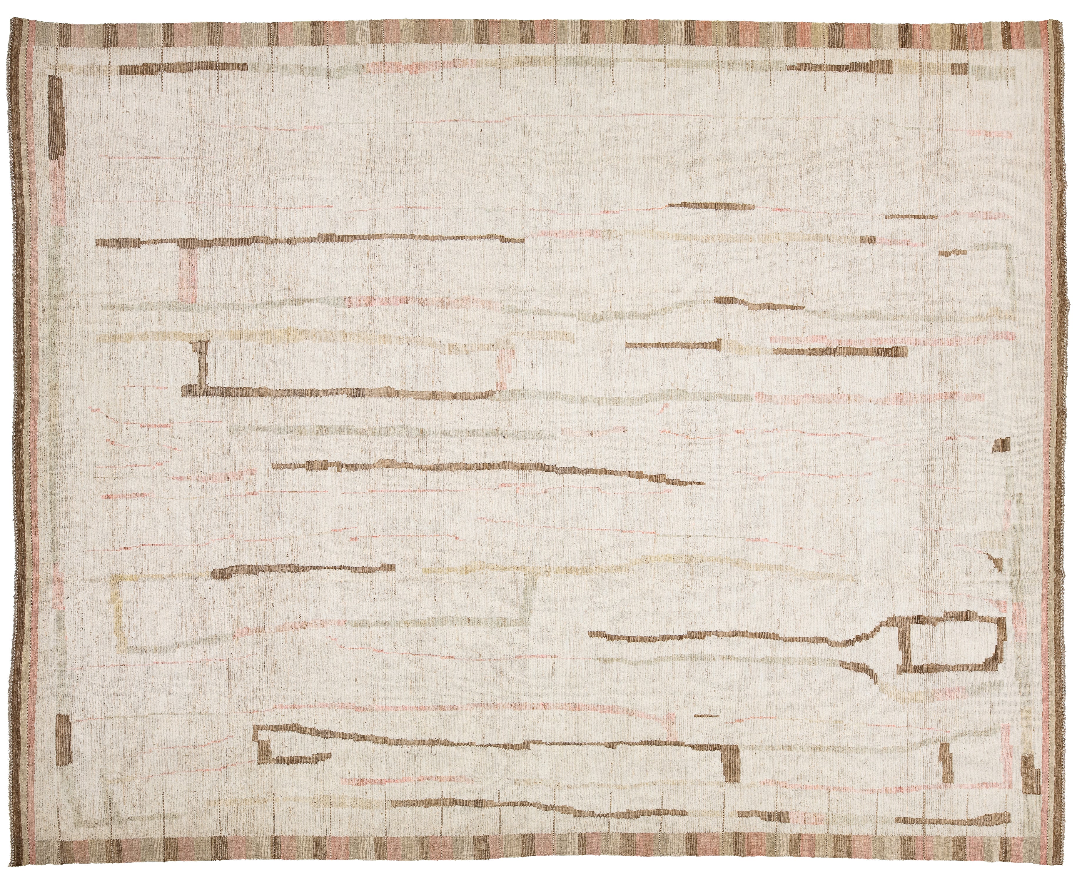 An abstract area rug with a textured cream base, featuring horizontal lines in brown, muted pink, and beige, finished with a striped border.