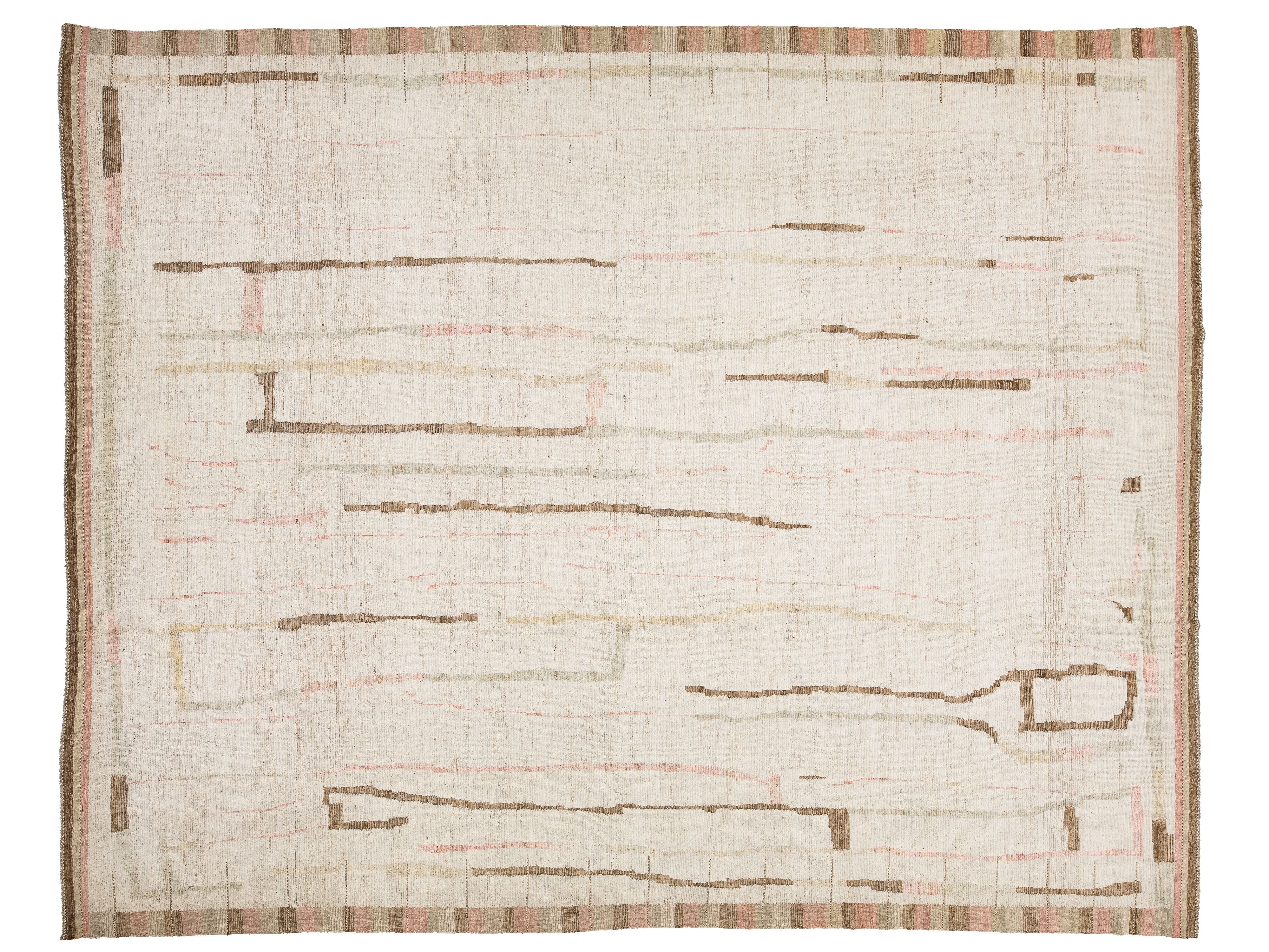 An abstract area rug with a textured cream base, featuring horizontal lines in brown, muted pink, and beige, finished with a striped border.