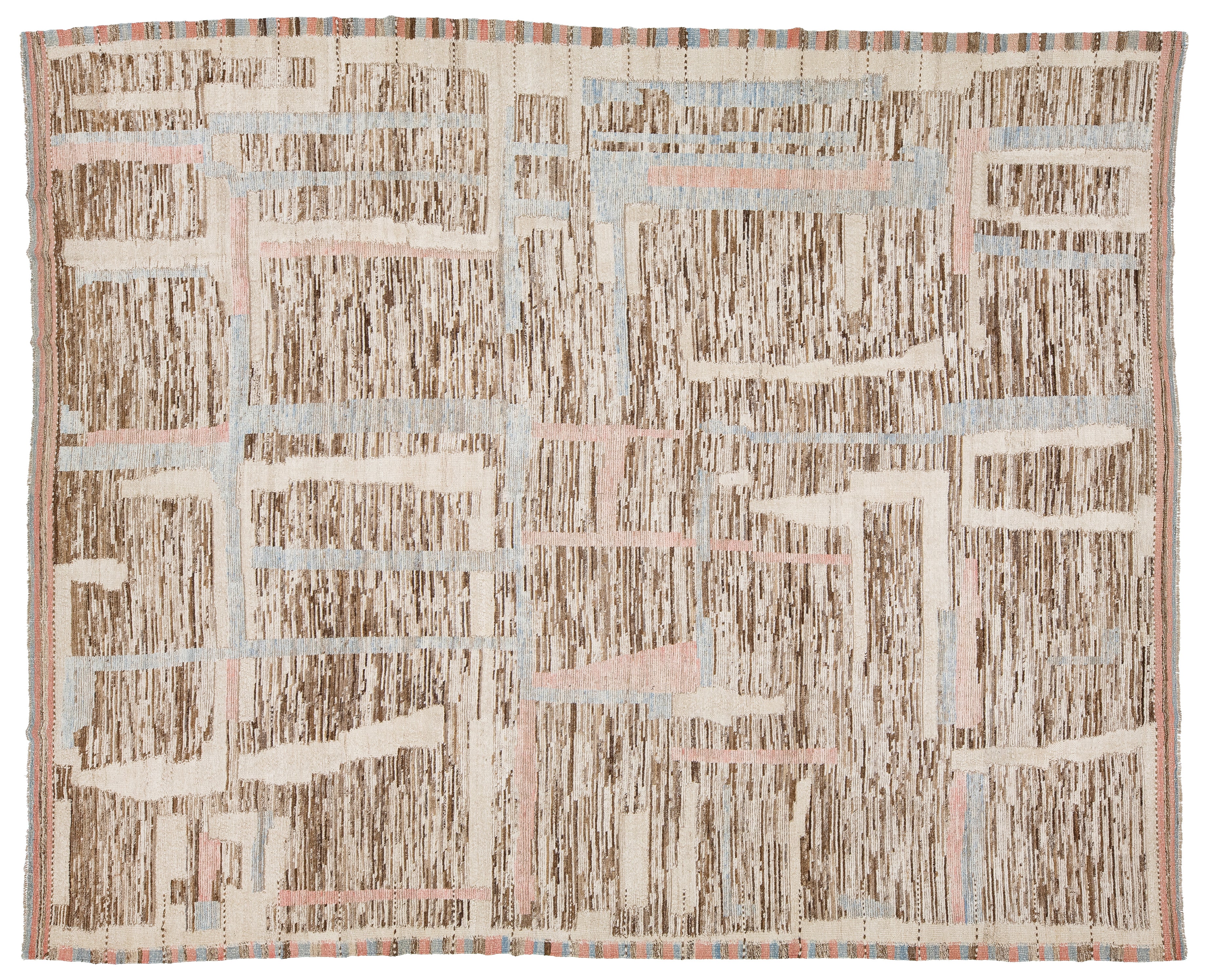A square abstract patterned rug with a textured, woven appearance. The design features a grid-like layout with vertical brushstroke patterns in brown, beige, and cream, accented by light blue and pale pink lines.