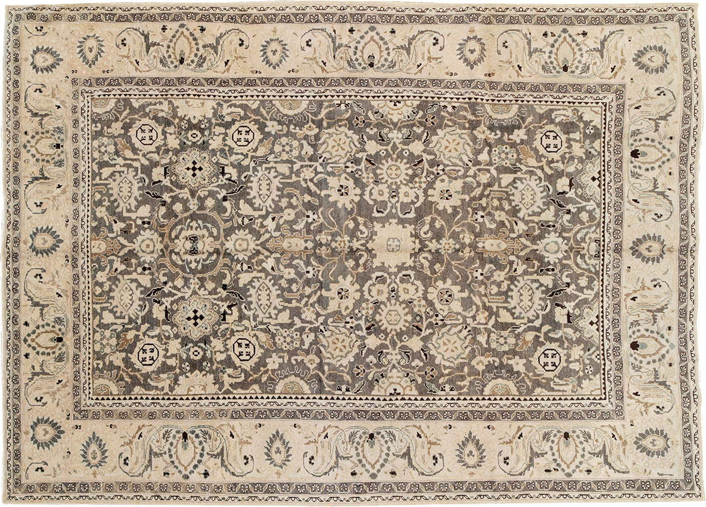 A vintage persian malayer-style area rug with an intricate floral and geometric pattern in beige, taupe, gray, and muted blue tones.