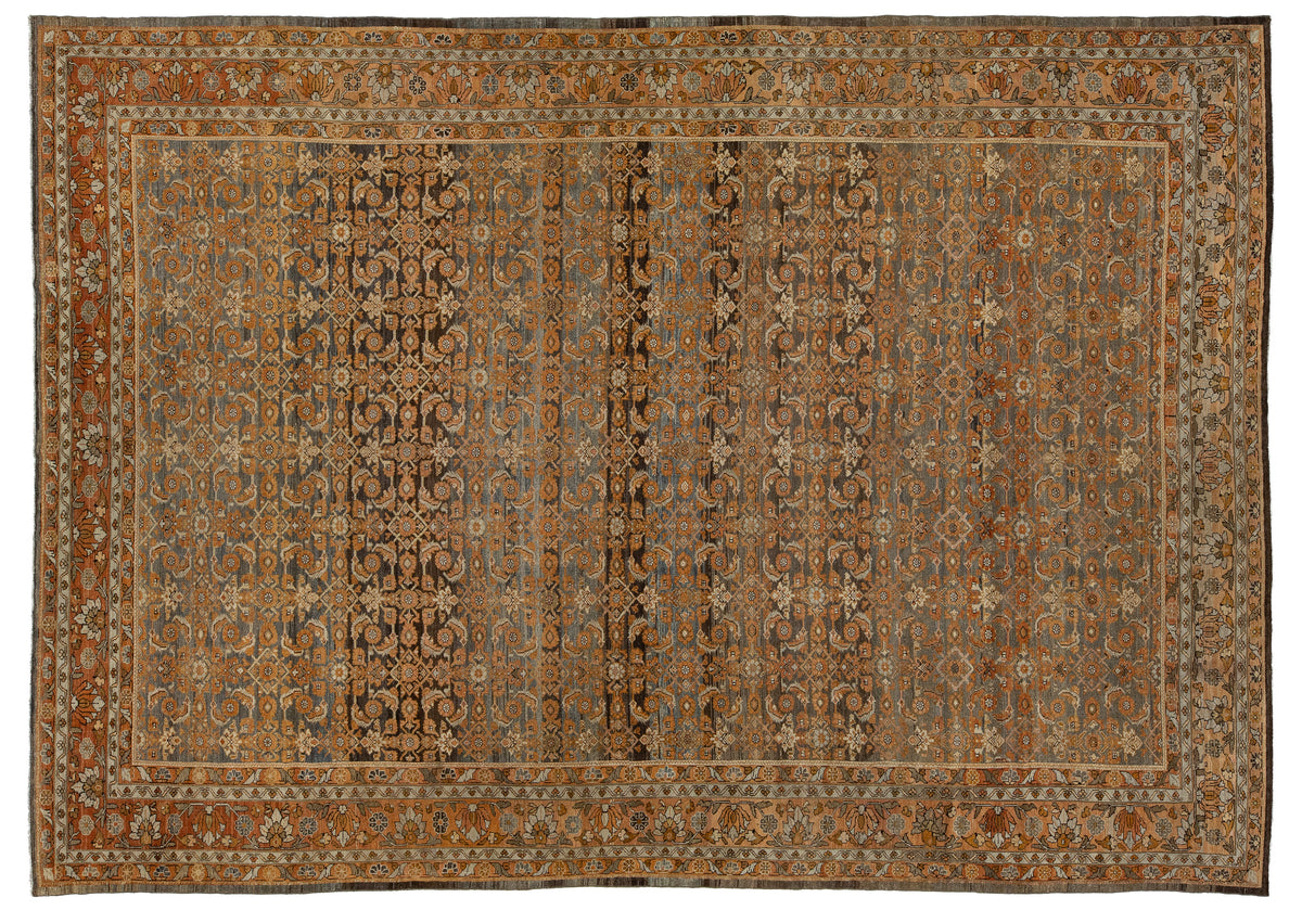 A rectangular traditional oriental Malayer rug with an intricate floral and geometric pattern in earthy tones of brown, rust, beige, and muted blue, shown flat against a white background.