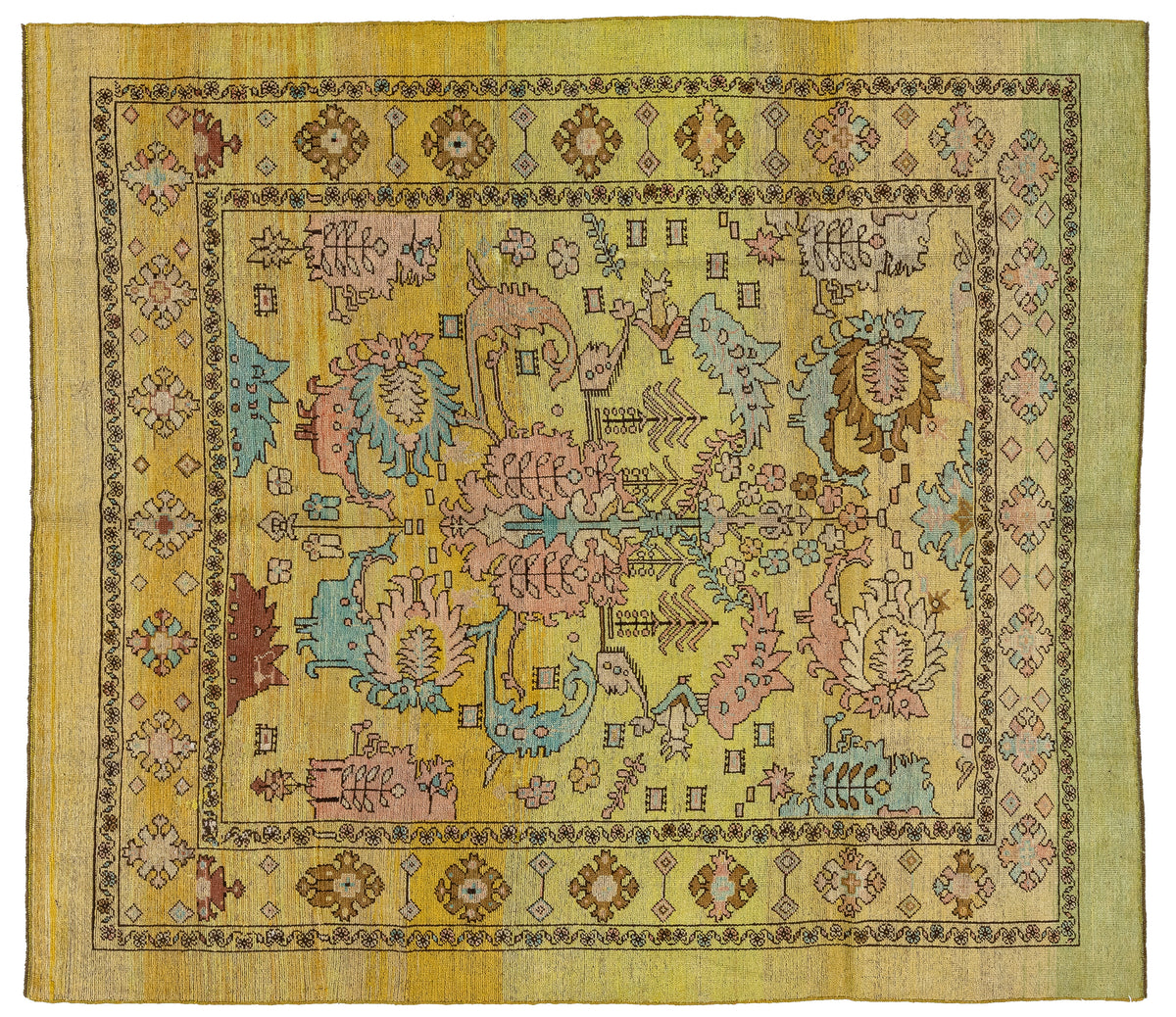 A square vintage Persian rug with a yellow-green background and a central floral medallion, featuring pink, blue, and brown motifs with a decorative border.