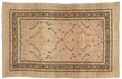 A vintage rectangular area rug with a faded beige and tan field, featuring a central medallion motif and a detailed geometric border in dark brown, black, and muted gold.