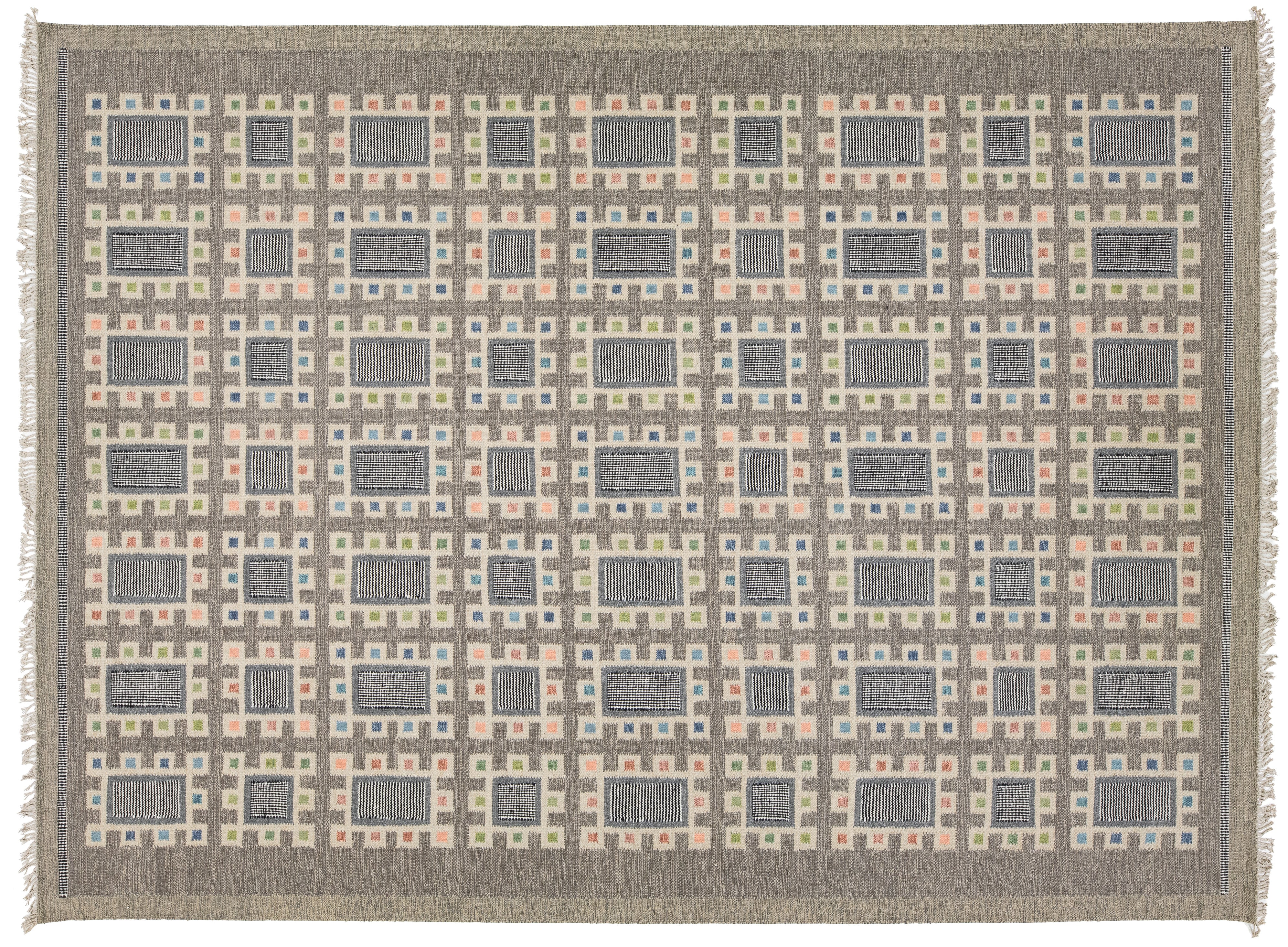 A rectangular area rug with a geometric grid pattern in shades of gray, beige, and muted peach, finished with white fringe on the sides.