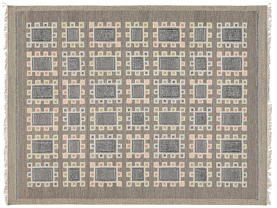 A rectangular woven area rug with a geometric grid pattern in shades of gray, beige, muted pink, and light blue, featuring a fringed border.