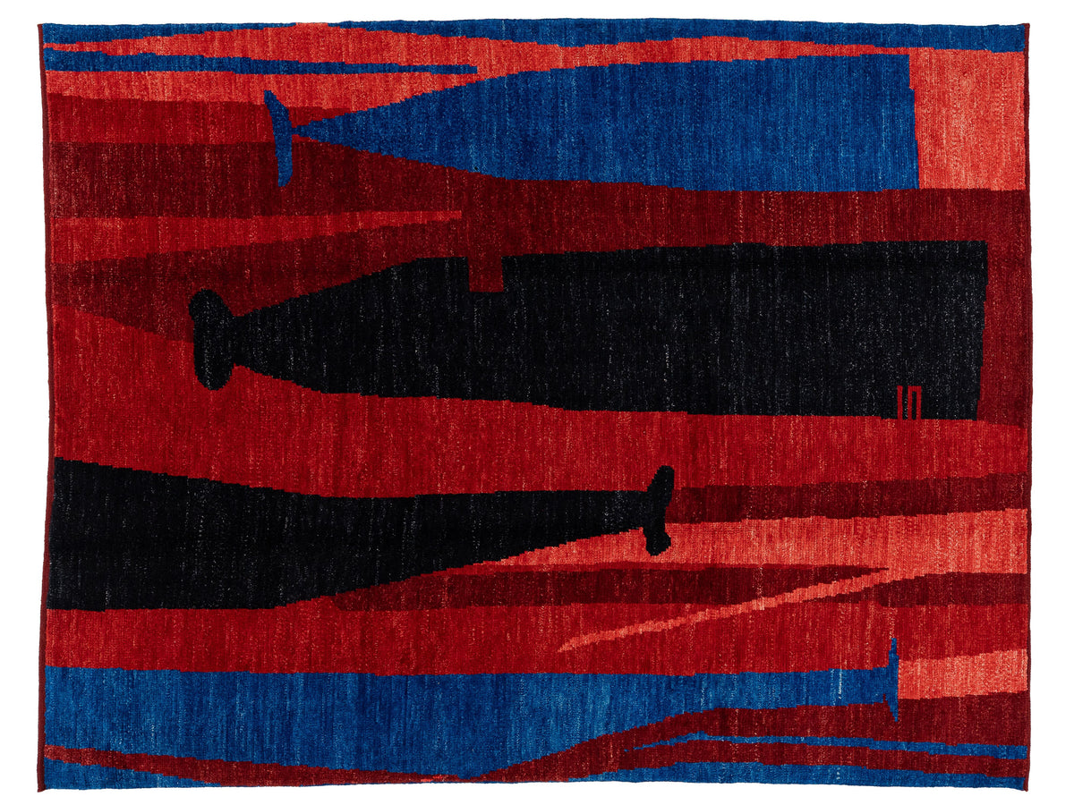 Abstract geometric textile artwork with bold horizontal bands in red, blue, and black, featuring stylized boat-like shapes and curved line details.