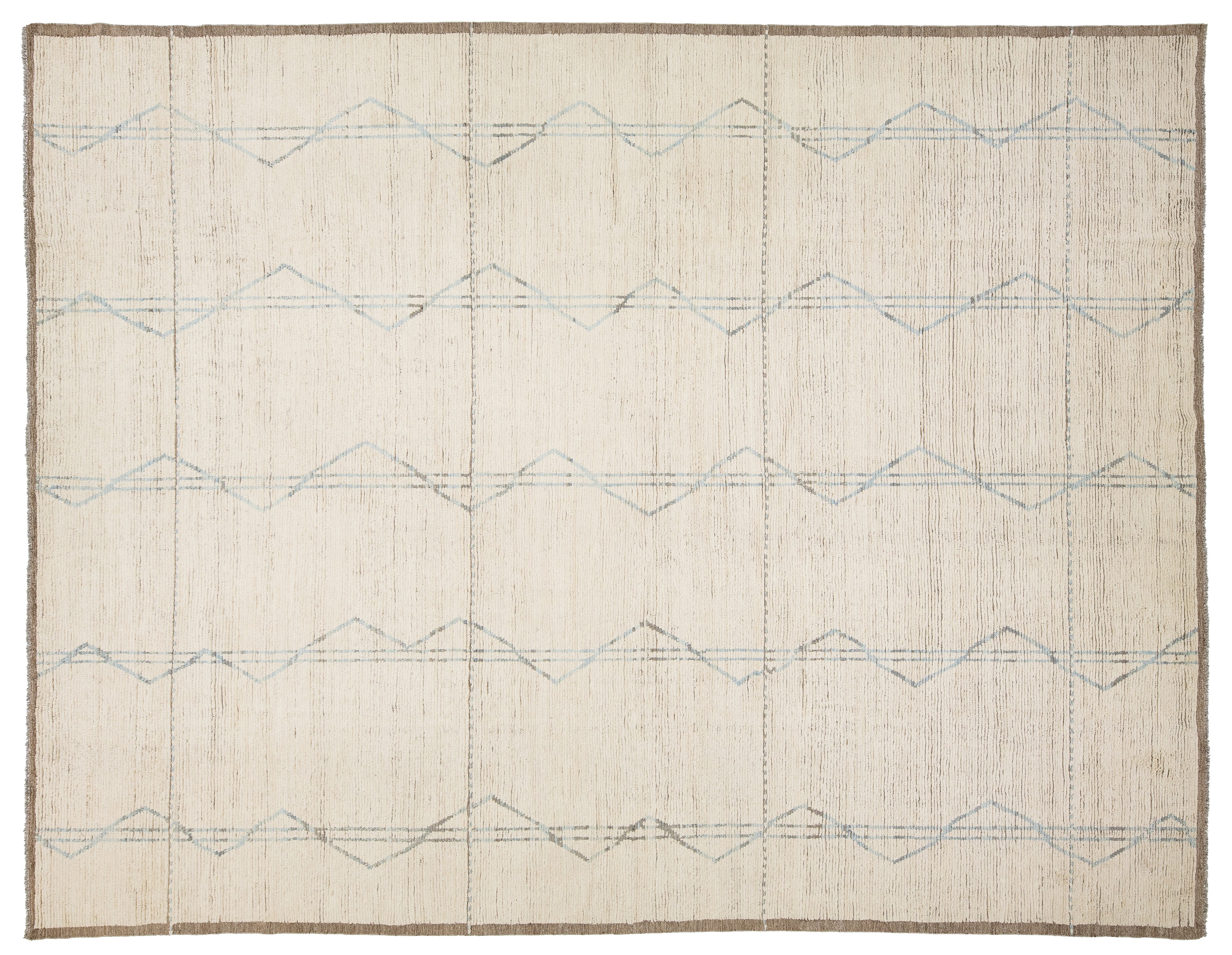 A square off-white woven rug with a natural jute border and horizontal rows of light blue geometric zigzag lines.