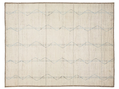 A square off-white woven rug with a natural jute border and horizontal rows of light blue geometric zigzag lines.