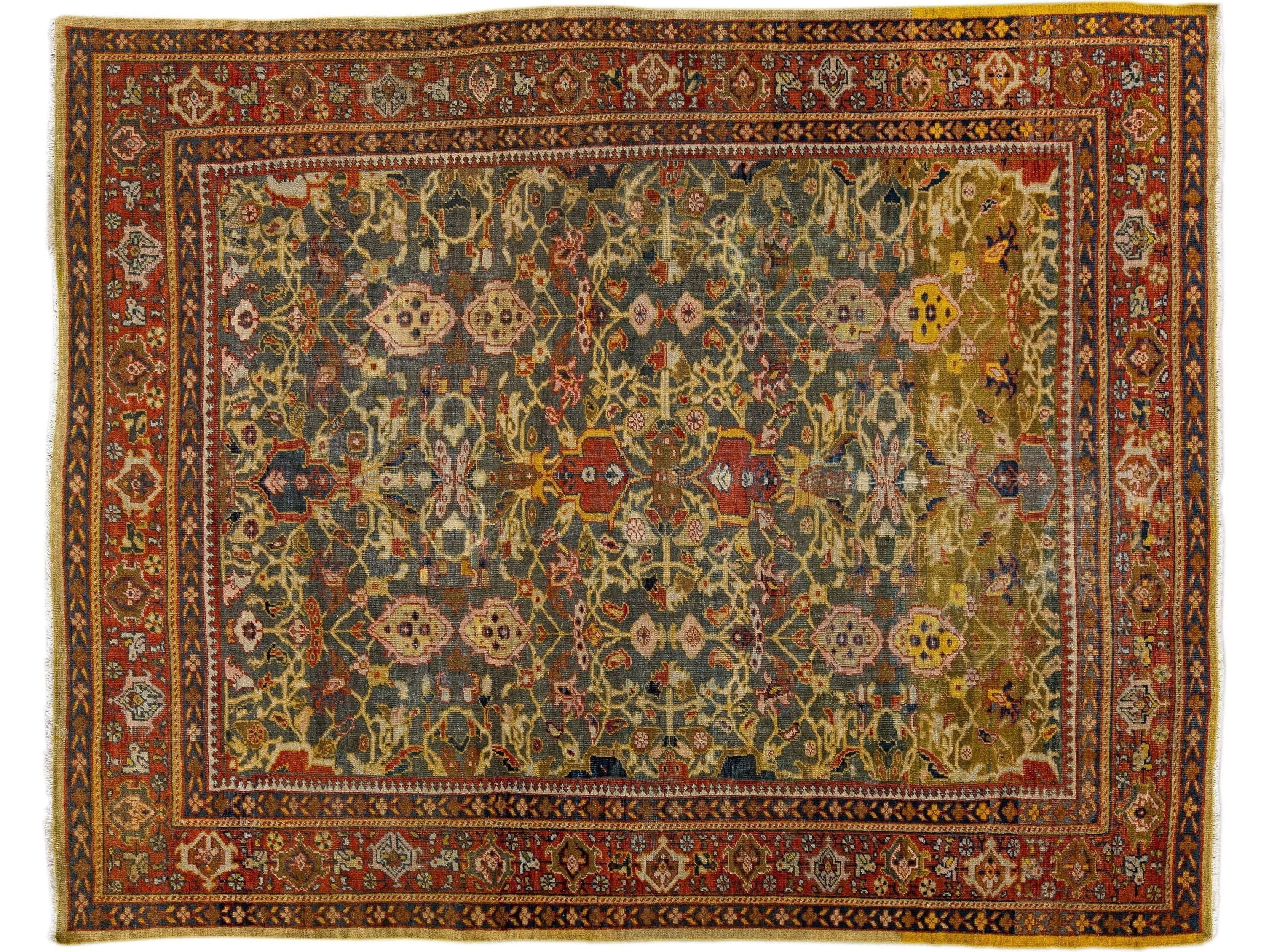 Antique Sultanabad Handmade Floral Pattern Gray Wool Rug