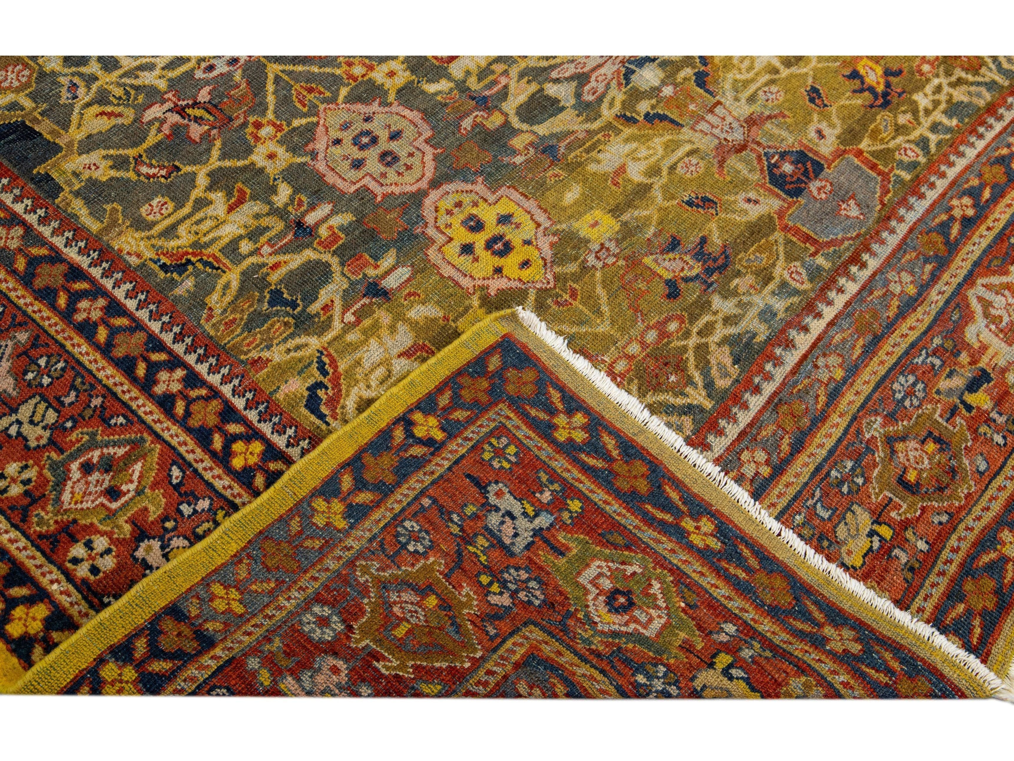 Antique Sultanabad Handmade Floral Pattern Gray Wool Rug