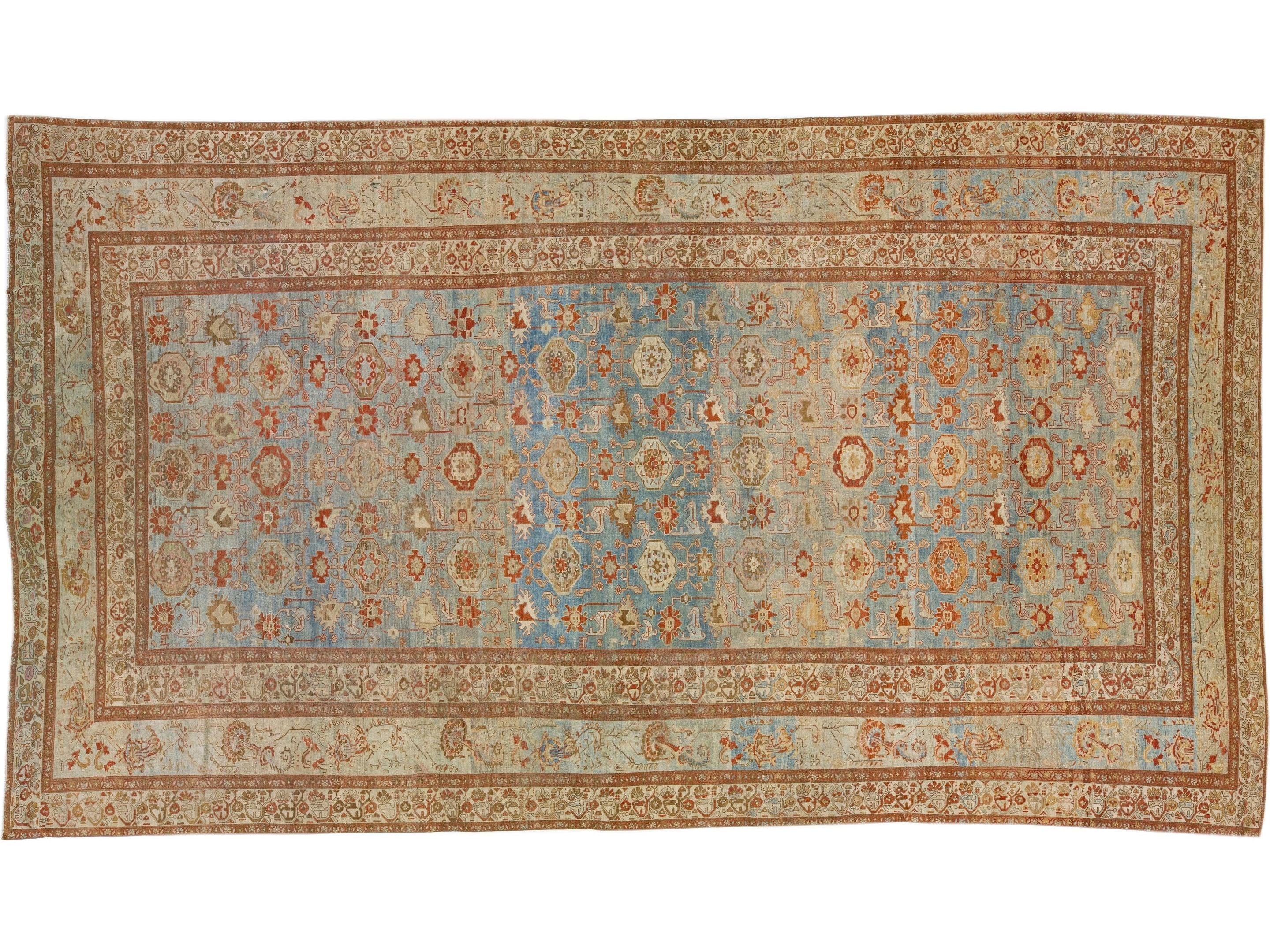 Blue Handmade Antique Persian Malayer Wool Rug With Allover Floral Design