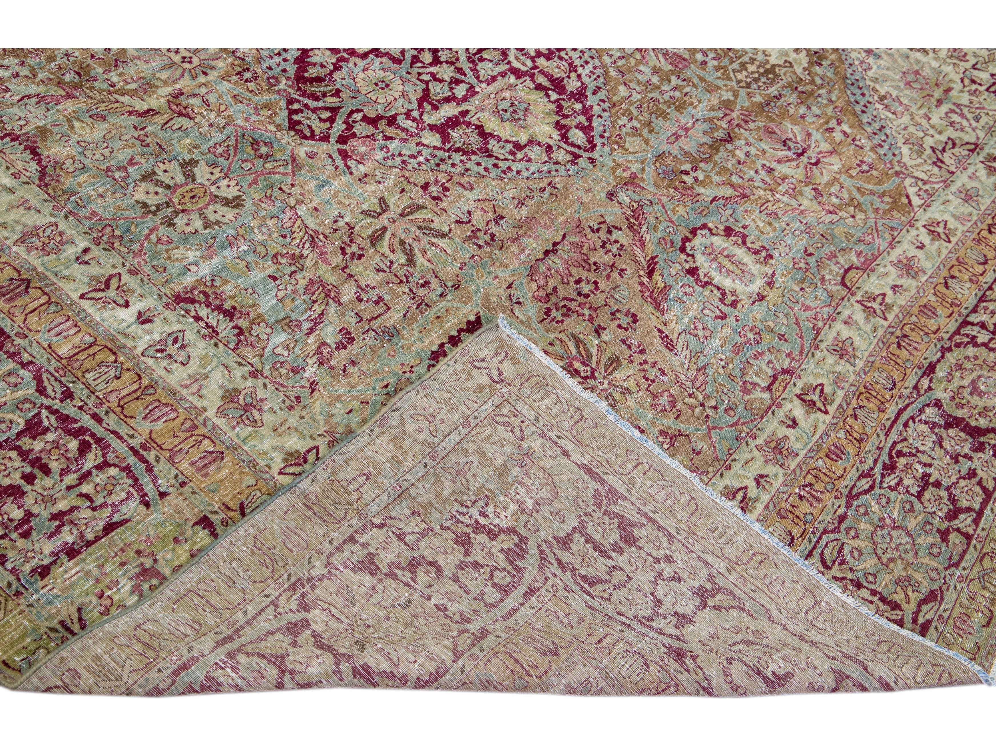 Antique Kerman Brown Handmade Medallion Botanical Wool Rug