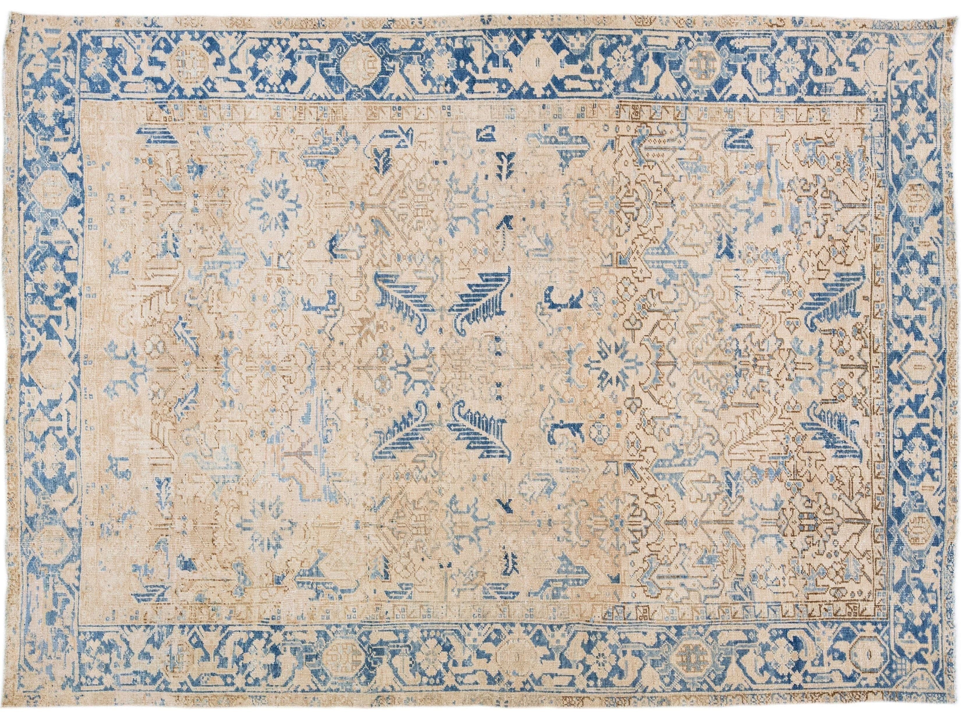 Antique Persian Heriz Beige Handmade Allover Geometric Wool Rug