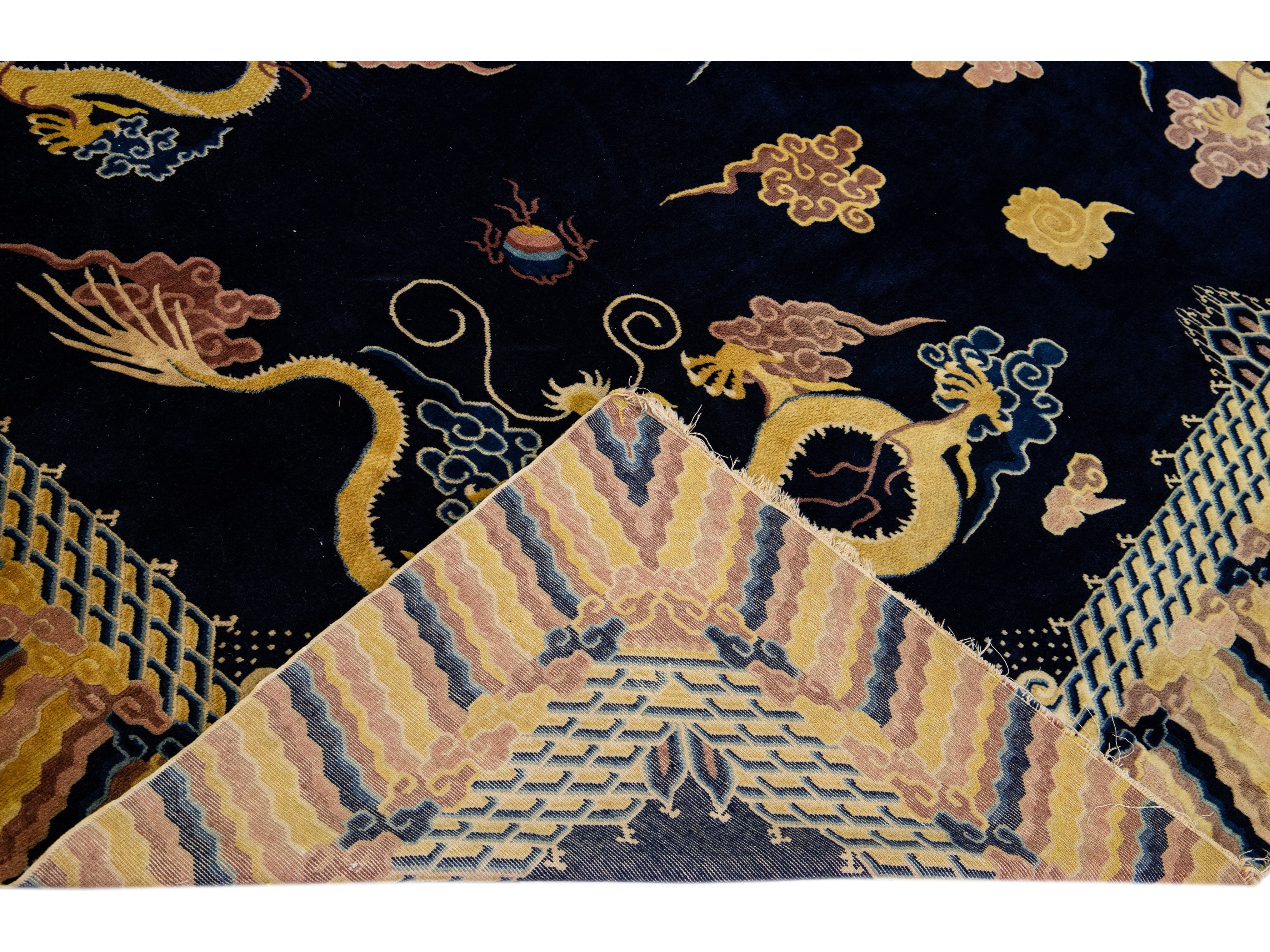 Vintage Chinese Peking Handmade Dragon Designed Dark Blue Wool Rug