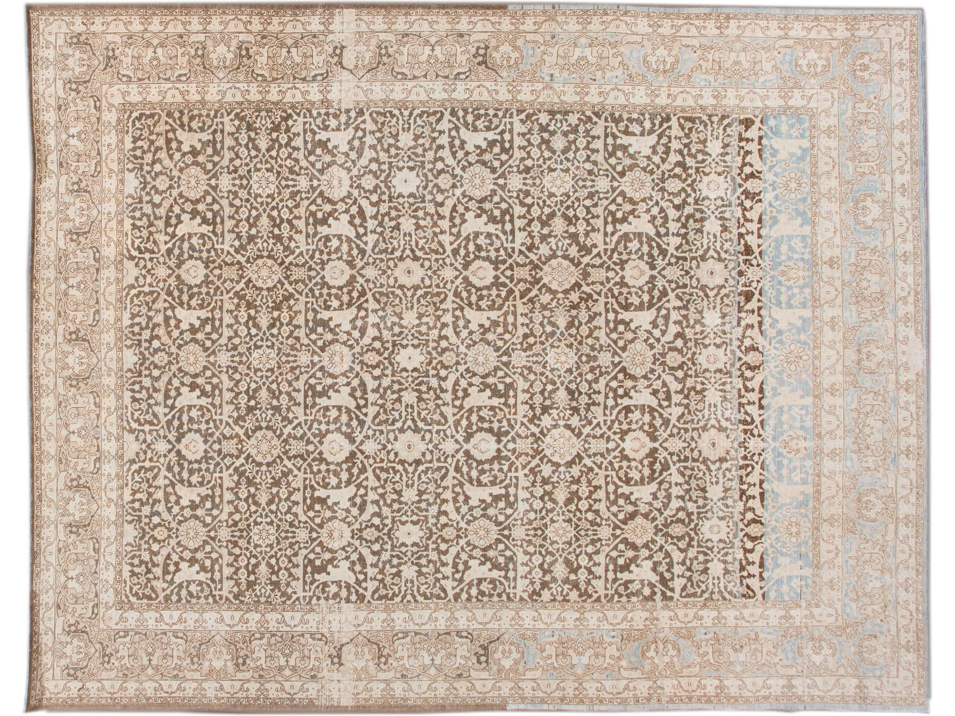 Antique Malayer Handmade Brown and Beige Floral Wool Rug