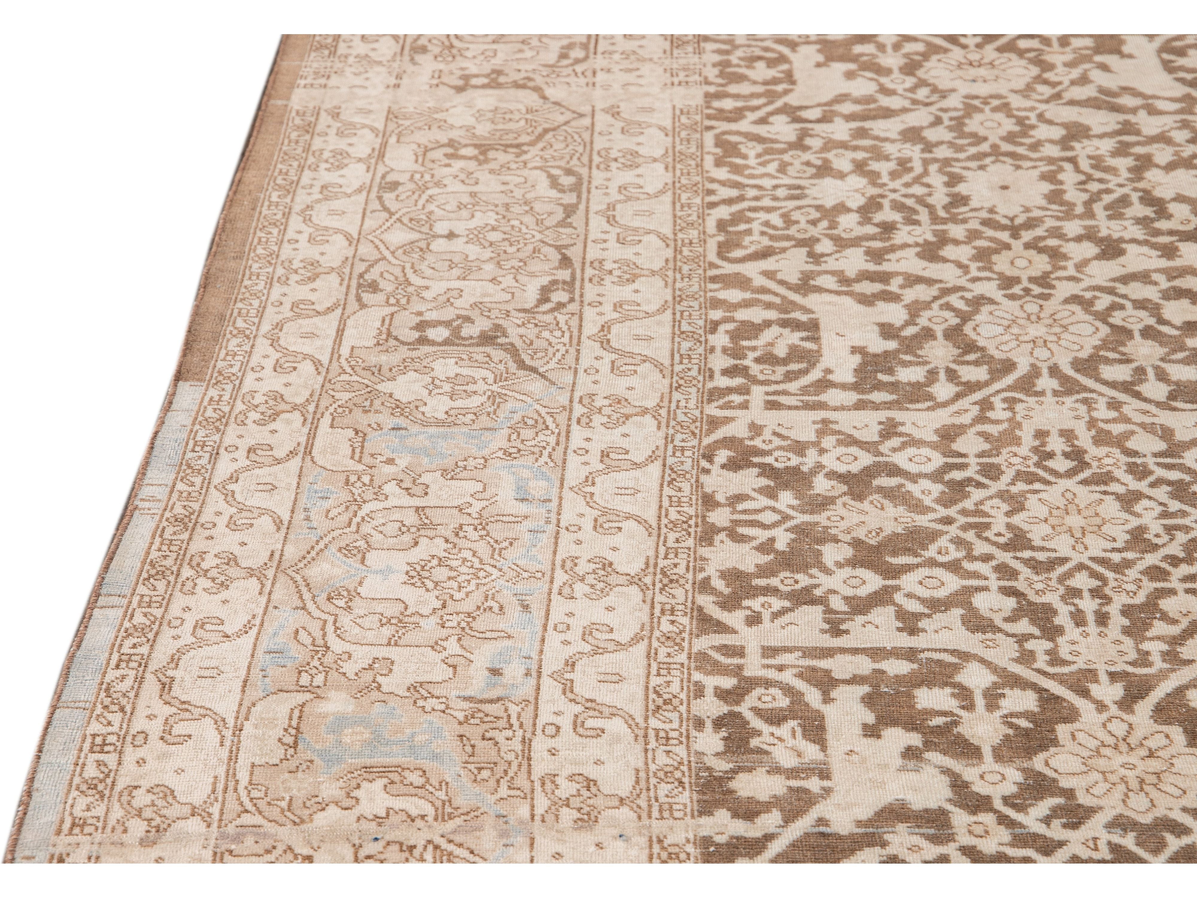 Antique Malayer Handmade Brown and Beige Floral Wool Rug